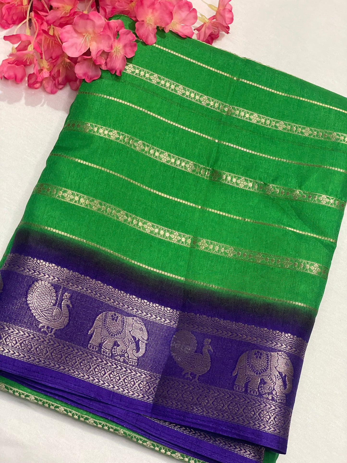 Leafy Green & Blue Combination Semi Crape Saree