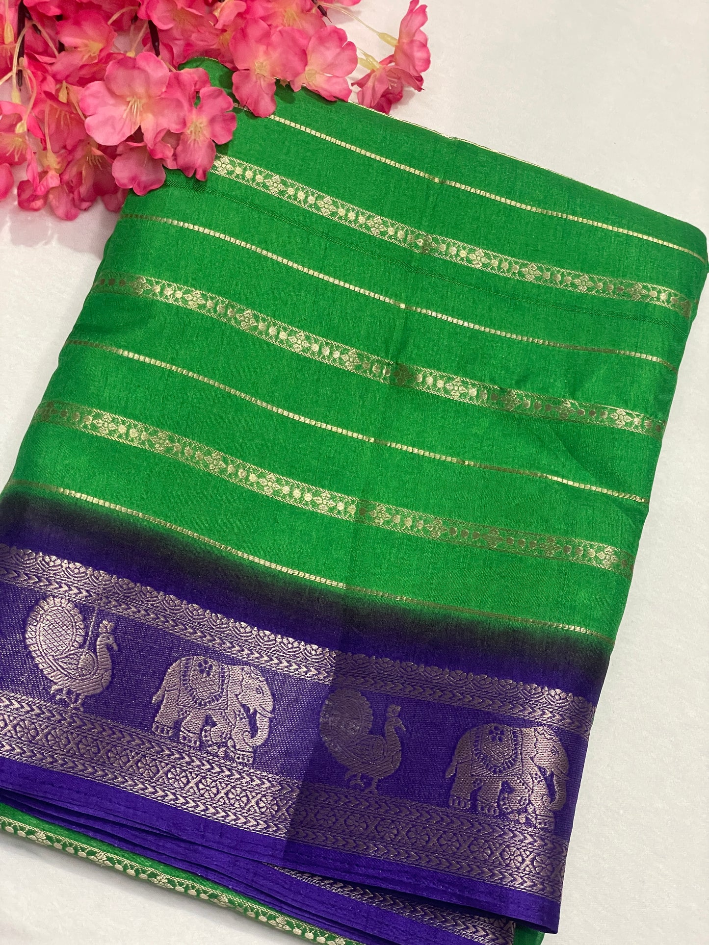 Leafy Green & Blue Combination Semi Crape Saree