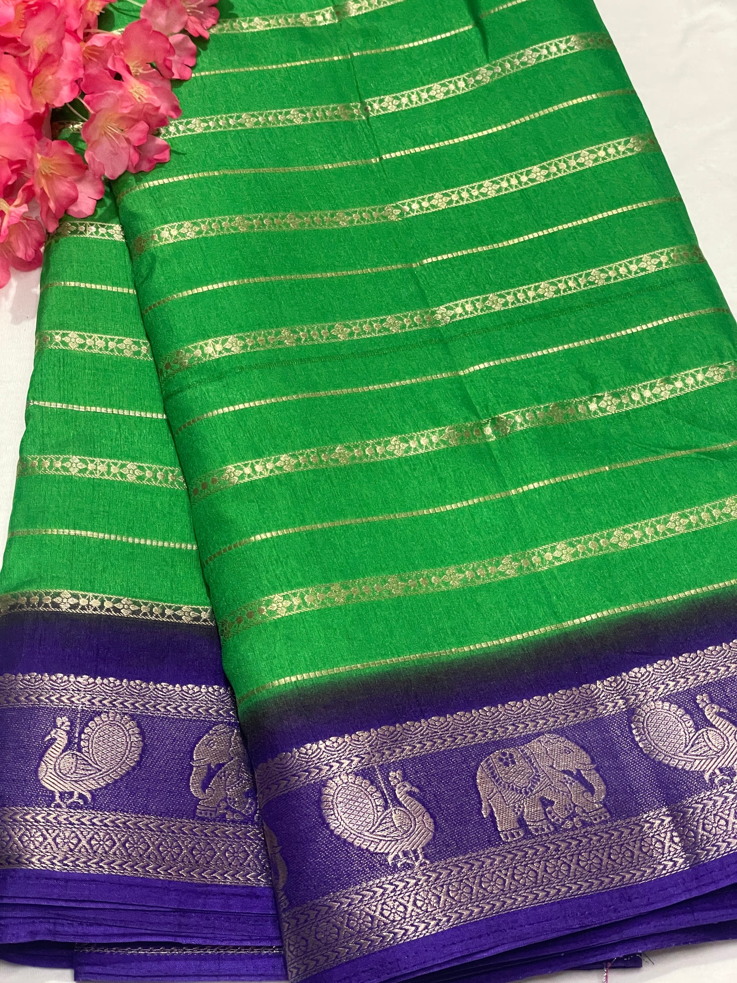 Leafy Green & Blue Combination Semi Crape Saree