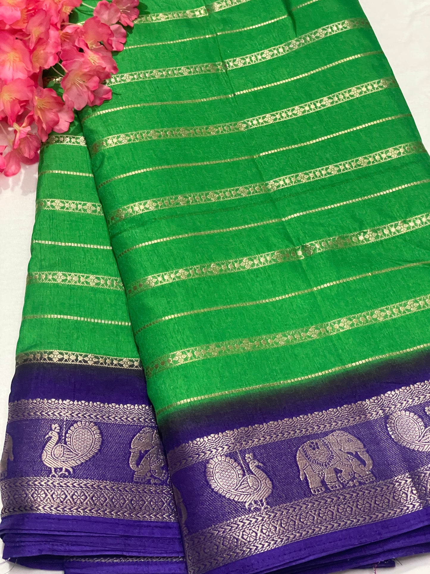 Leafy Green & Blue Combination Semi Crape Saree