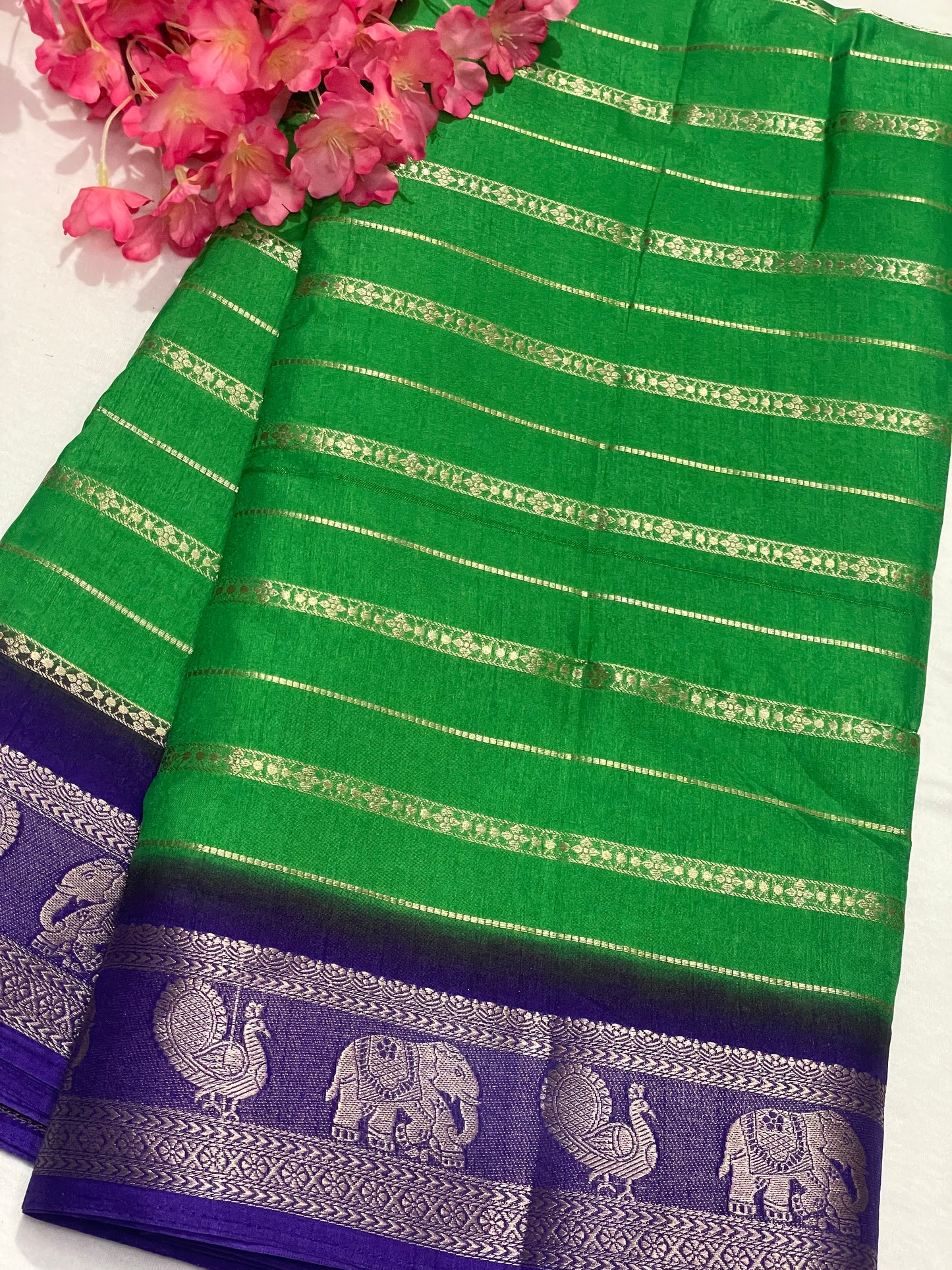 Leafy Green & Blue Combination Semi Crape Saree