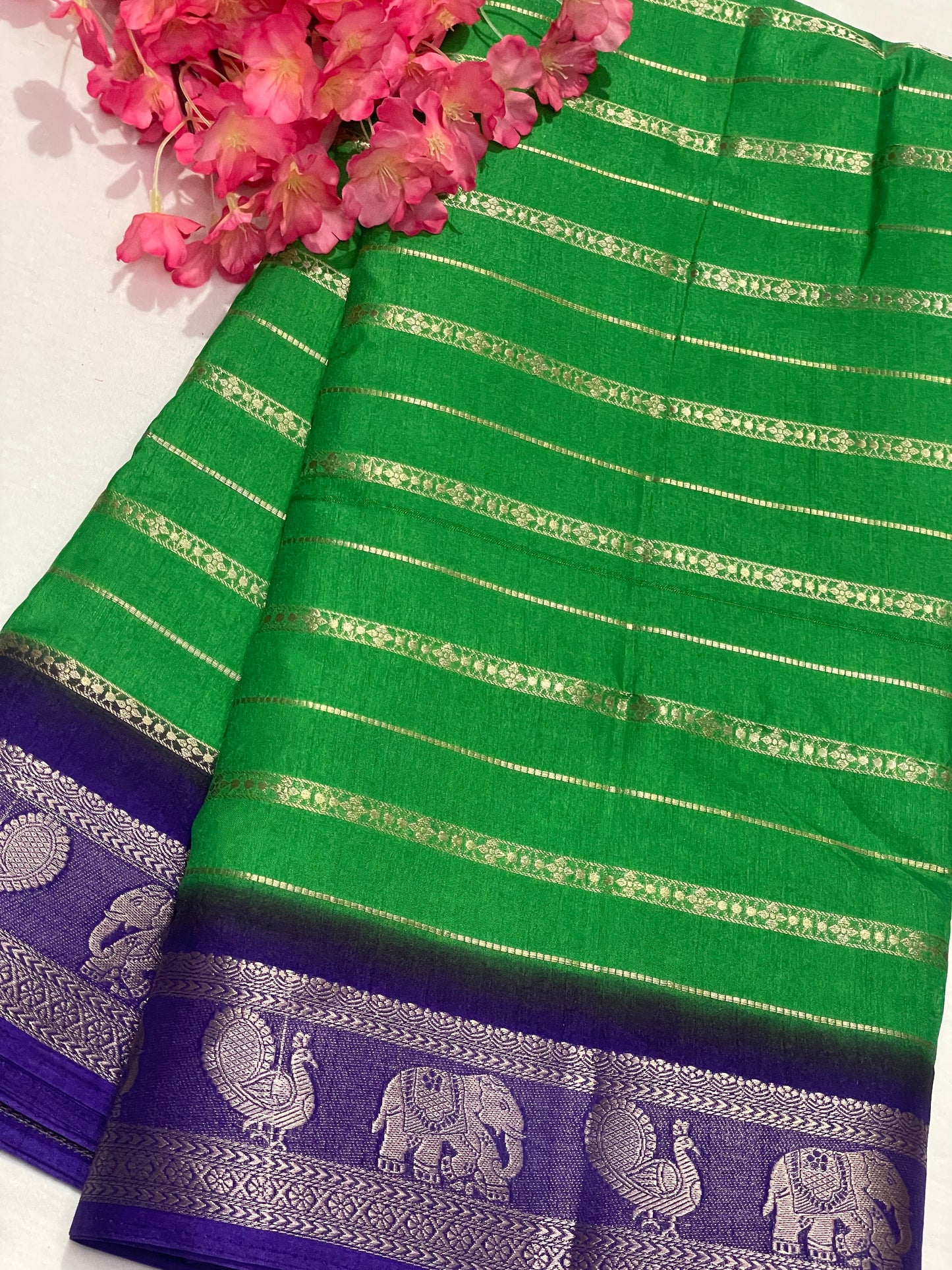 Leafy Green & Blue Combination Semi Crape Saree