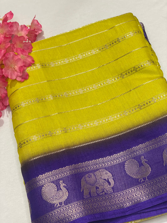 Yellow & Blue Combination Semi Crape Saree