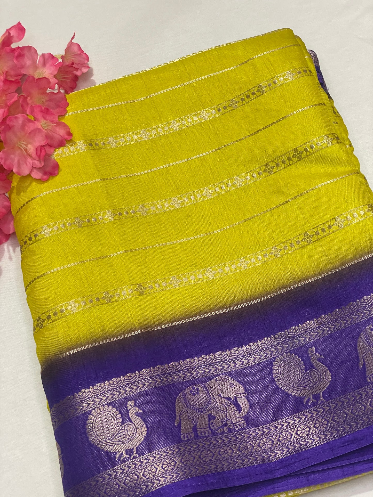 Yellow & Blue Combination Semi Crape Saree