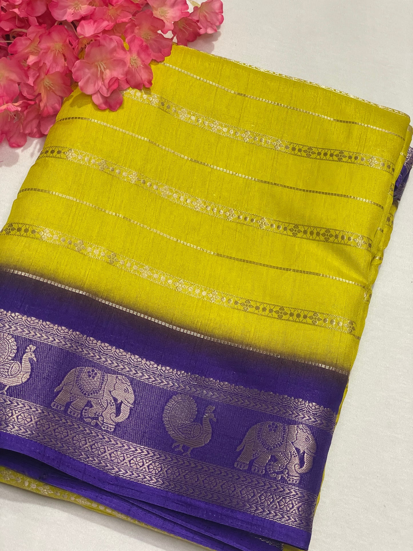 Yellow & Blue Combination Semi Crape Saree