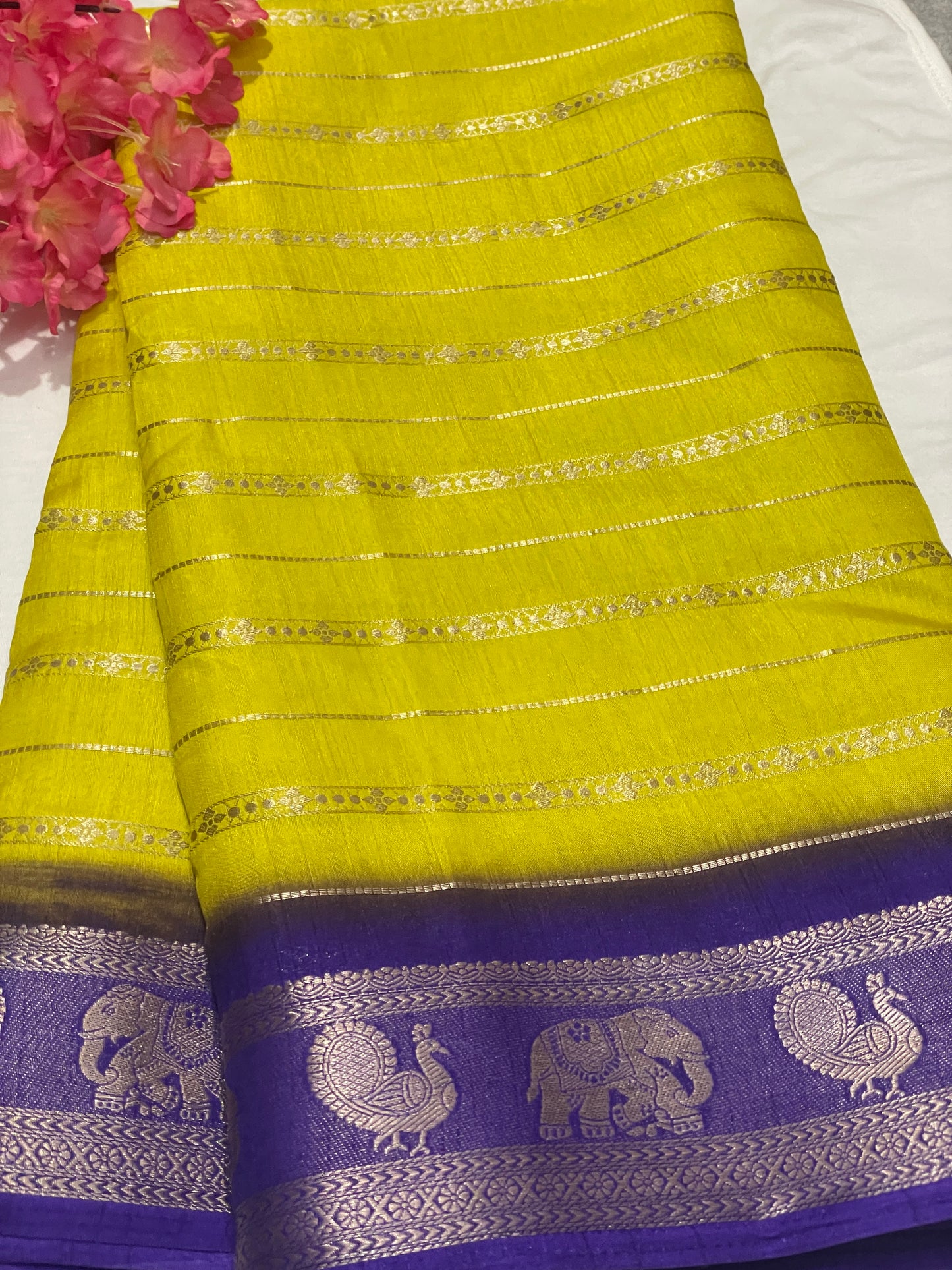 Yellow & Blue Combination Semi Crape Saree
