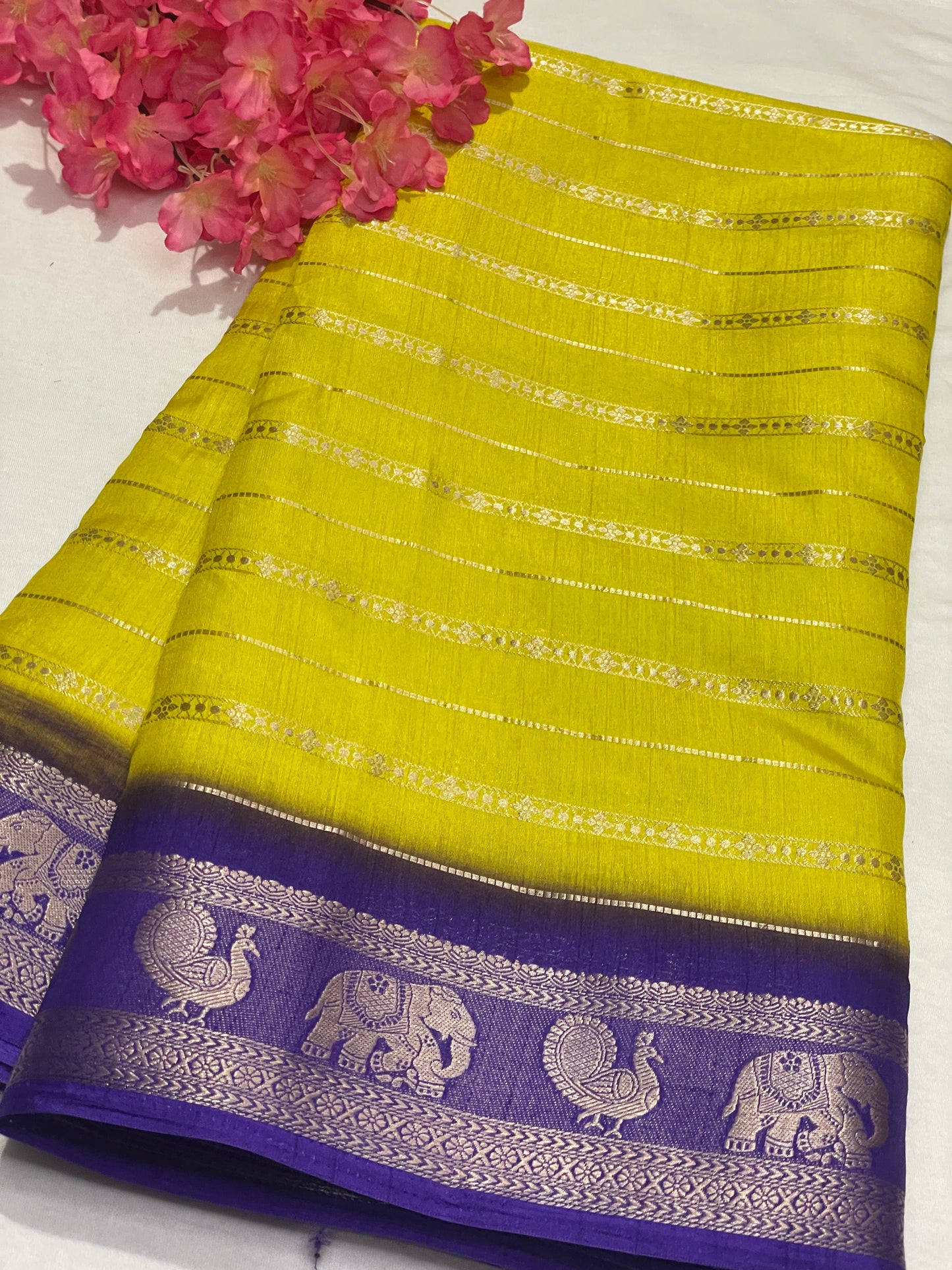 Yellow & Blue Combination Semi Crape Saree