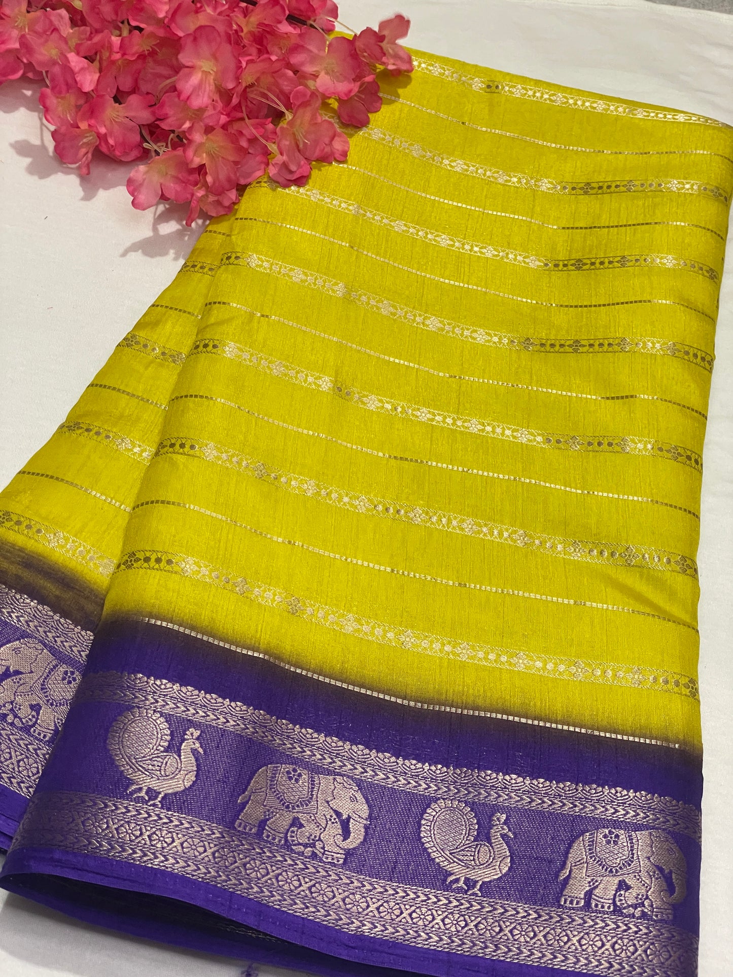 Yellow & Blue Combination Semi Crape Saree