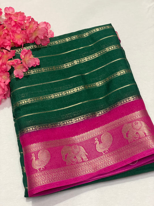 Bottle Green & Blue Combination Semi Crape Saree