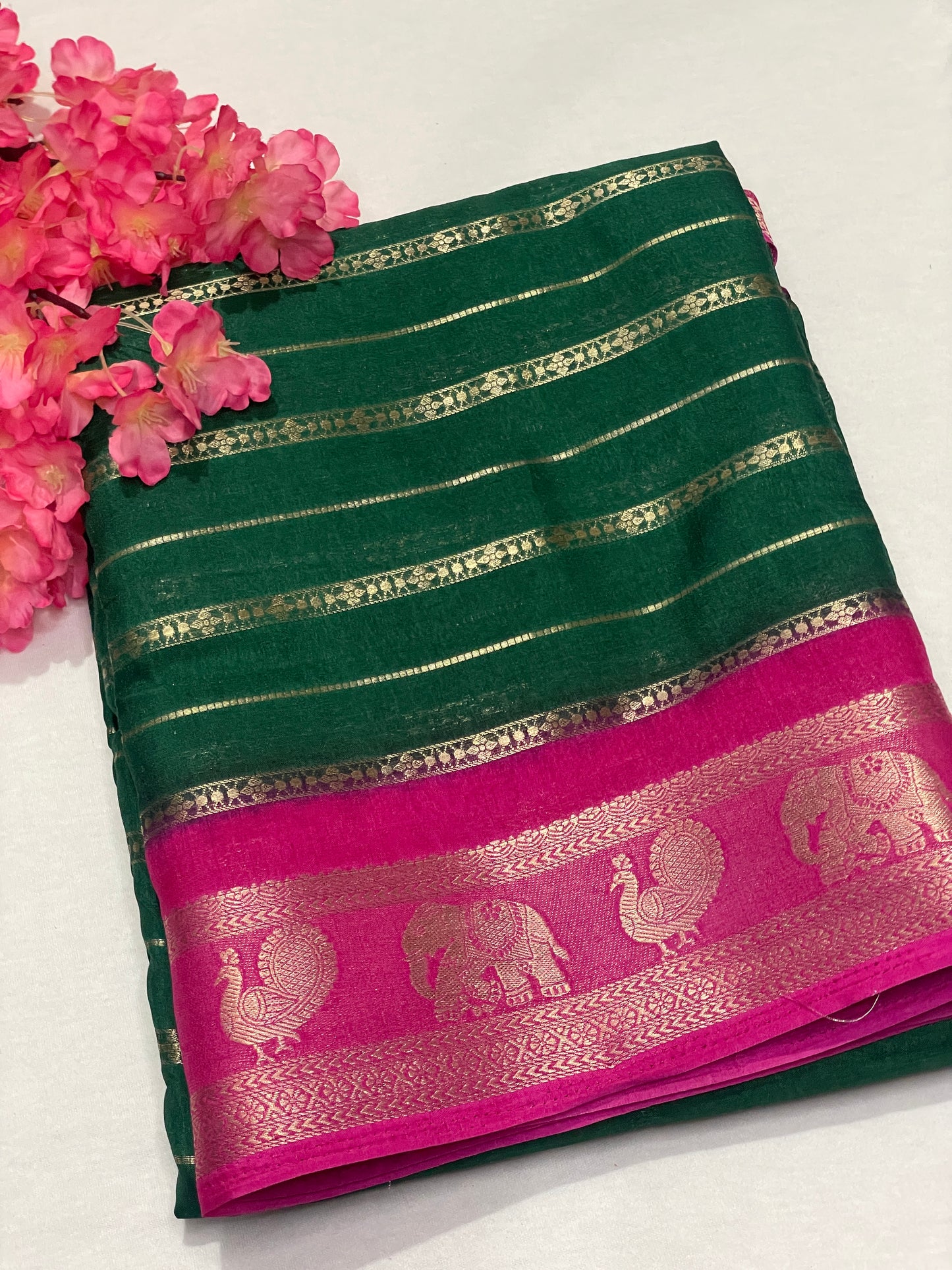 Bottle Green & Blue Combination Semi Crape Saree