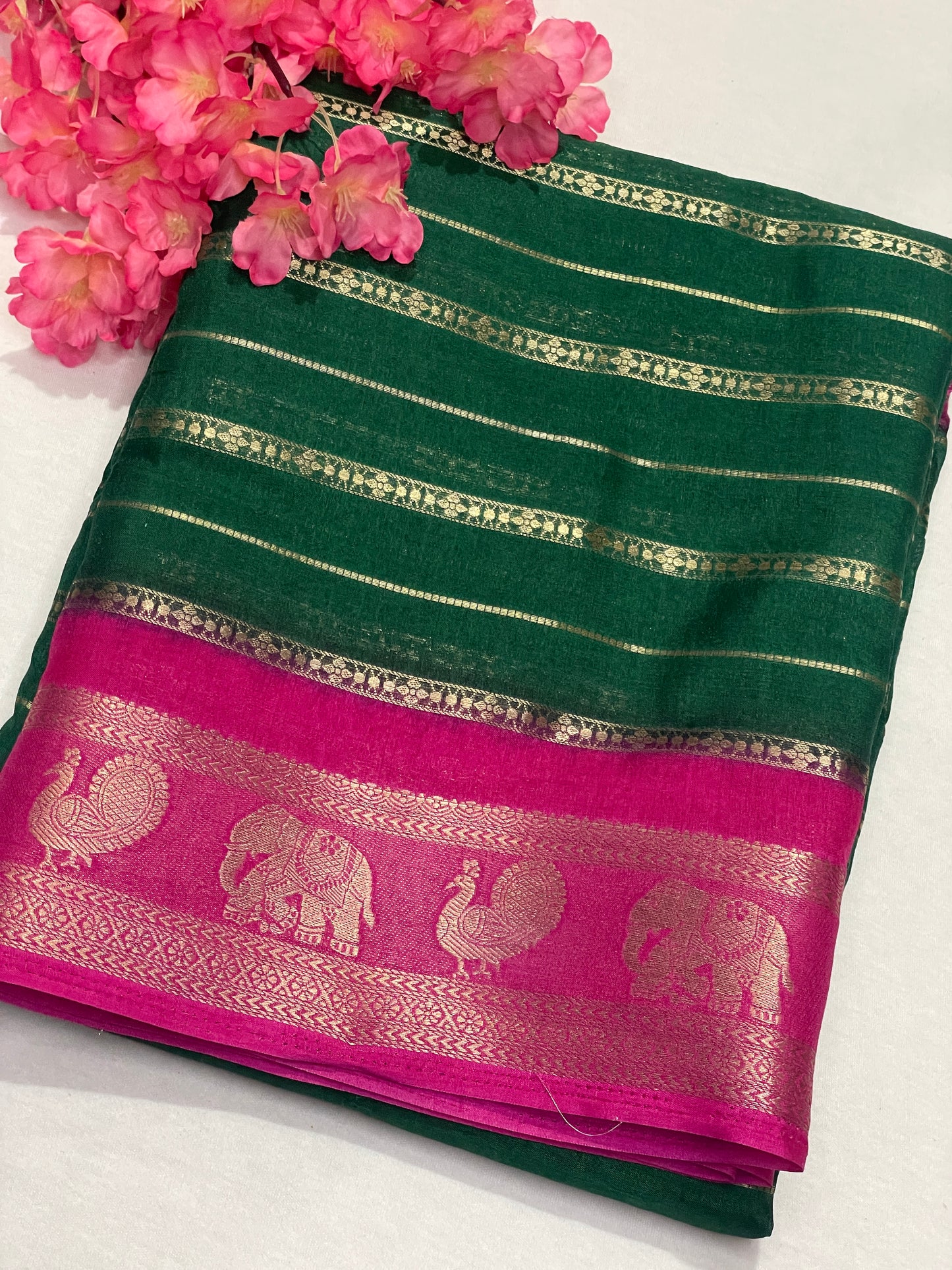 Bottle Green & Blue Combination Semi Crape Saree