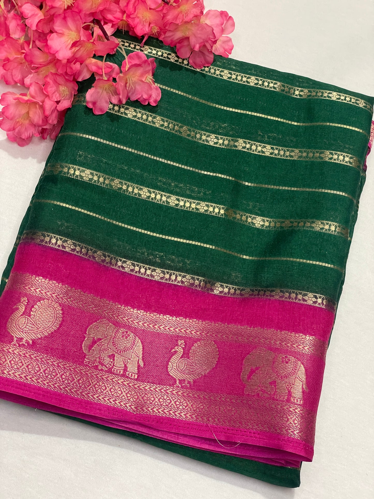 Bottle Green & Blue Combination Semi Crape Saree