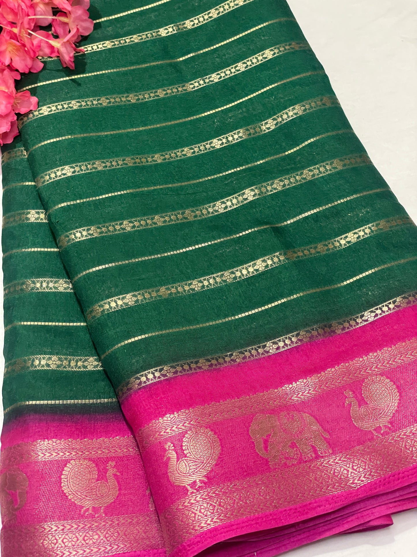 Bottle Green & Blue Combination Semi Crape Saree