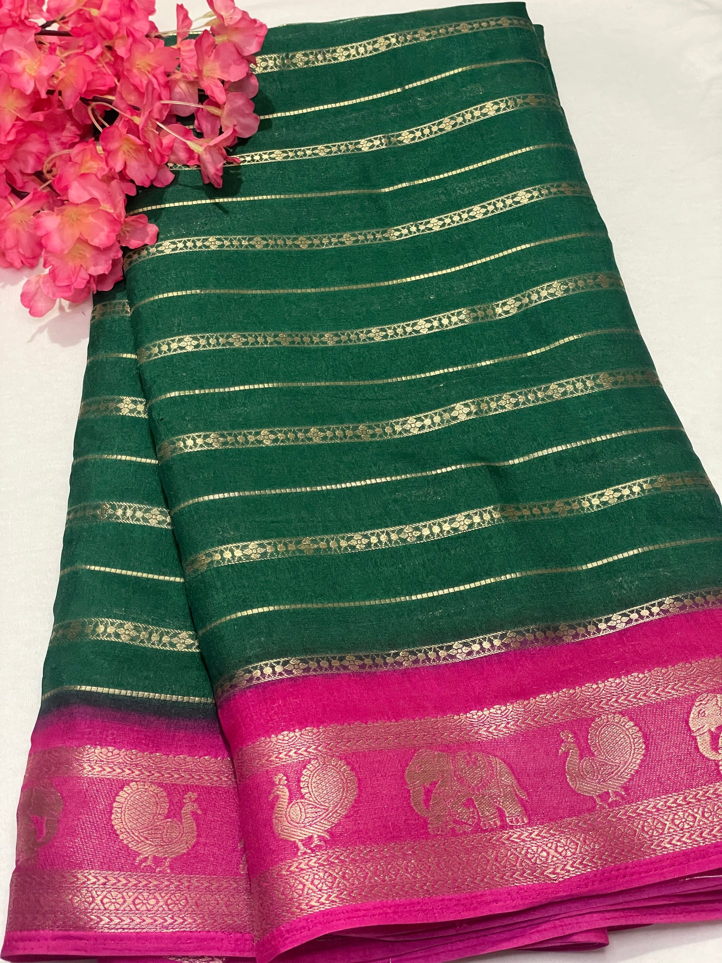 Bottle Green & Blue Combination Semi Crape Saree