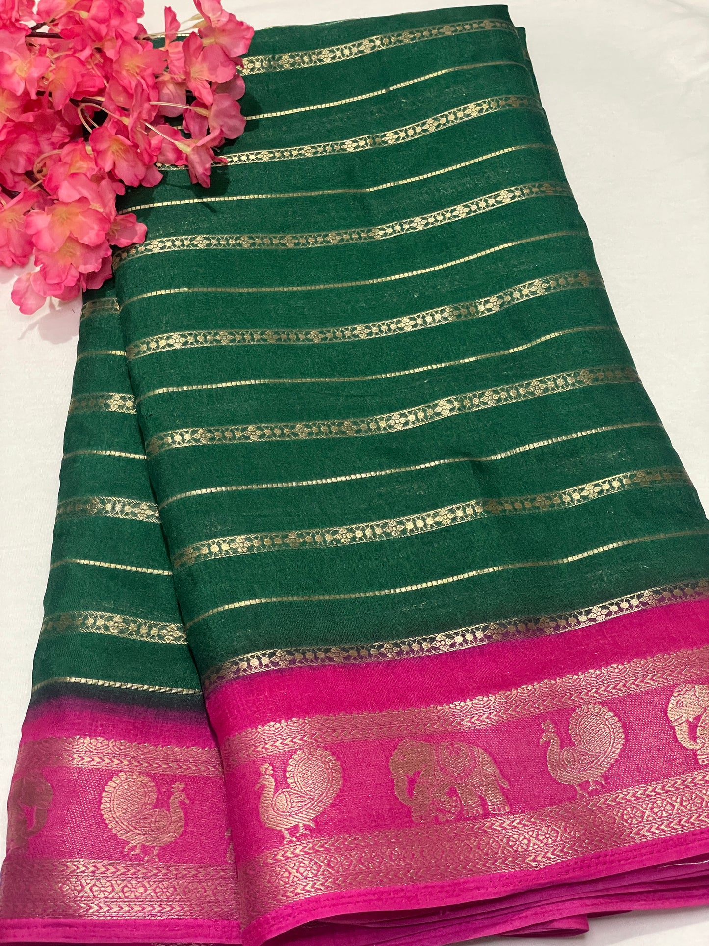 Bottle Green & Blue Combination Semi Crape Saree