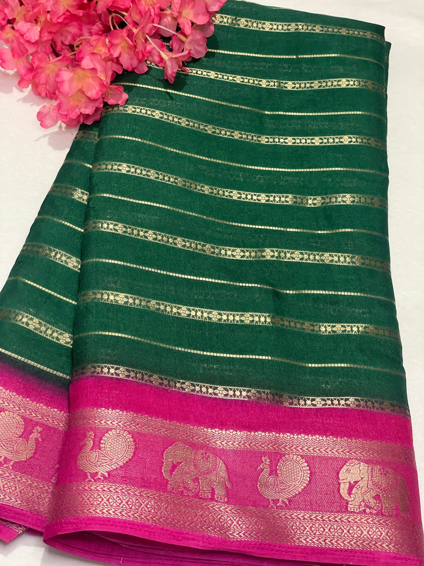 Bottle Green & Blue Combination Semi Crape Saree