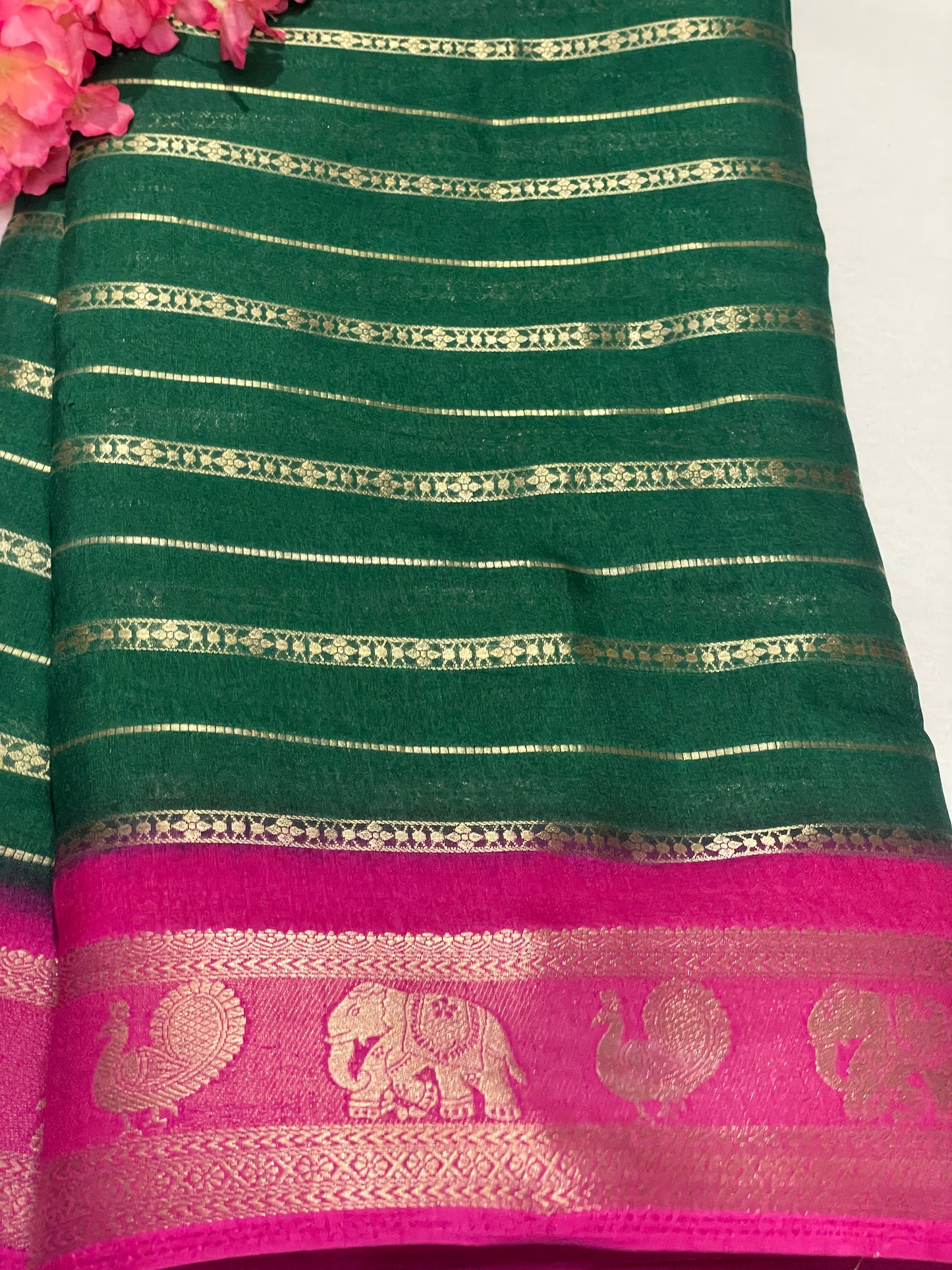 Bottle Green & Blue Combination Semi Crape Saree