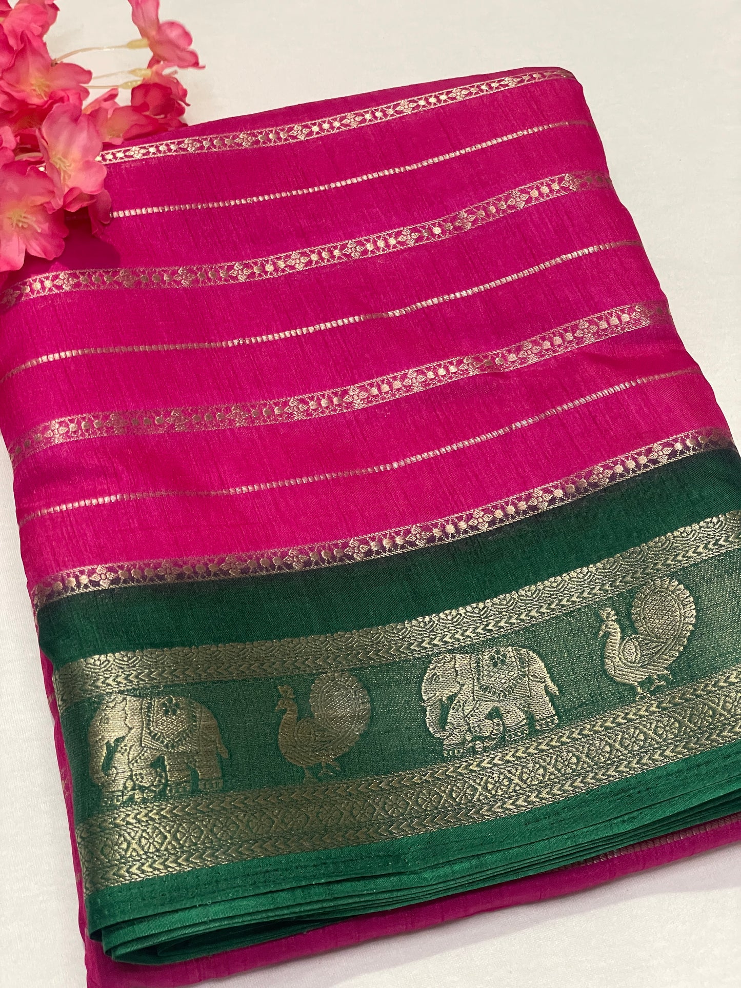 Pink & Green Combination Crape Saree