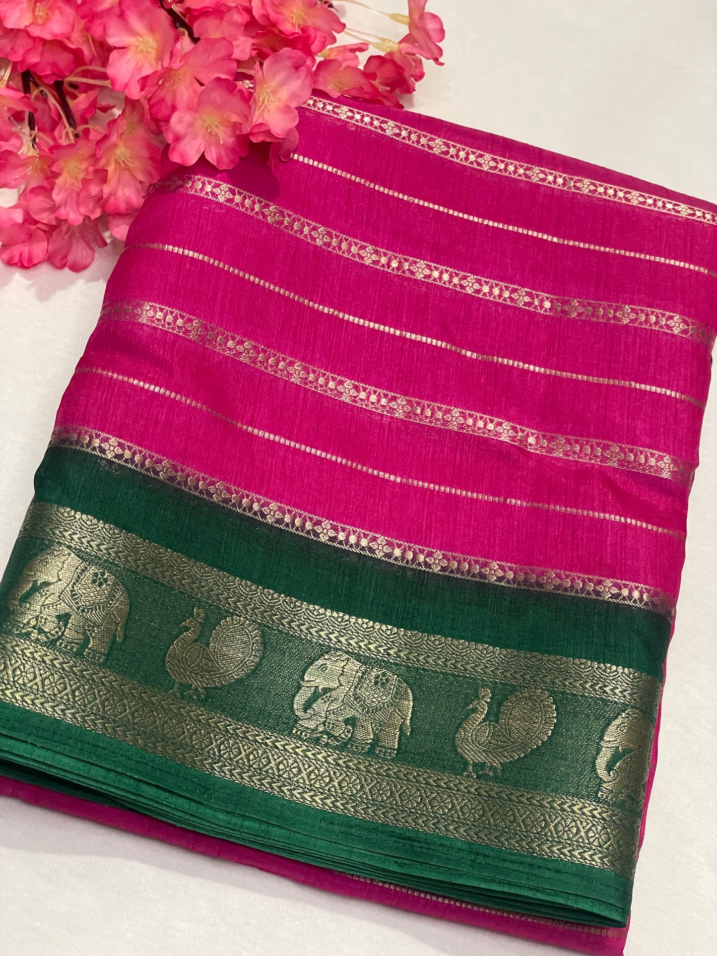 Pink & Green Combination Crape Saree
