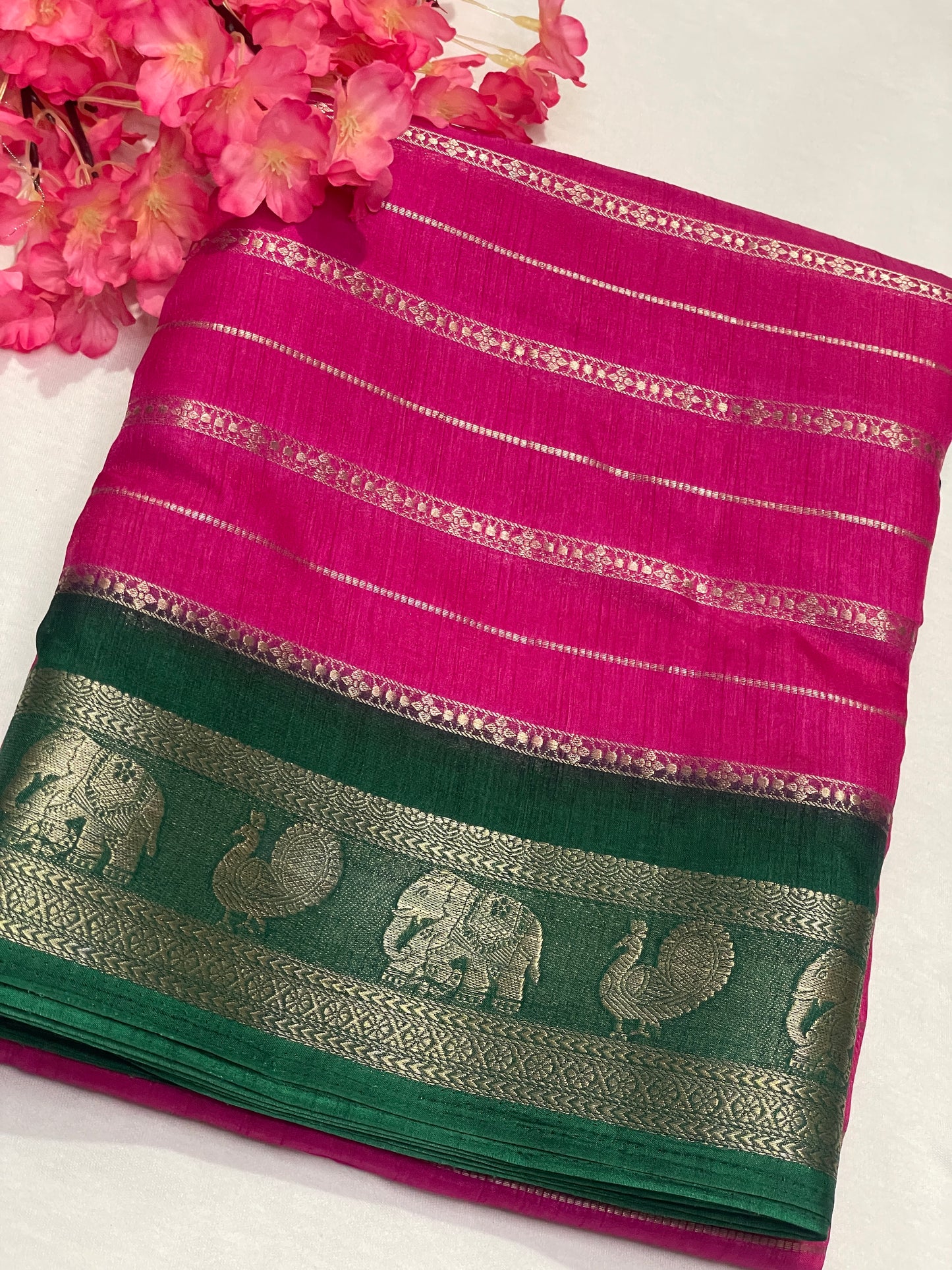 Pink & Green Combination Crape Saree