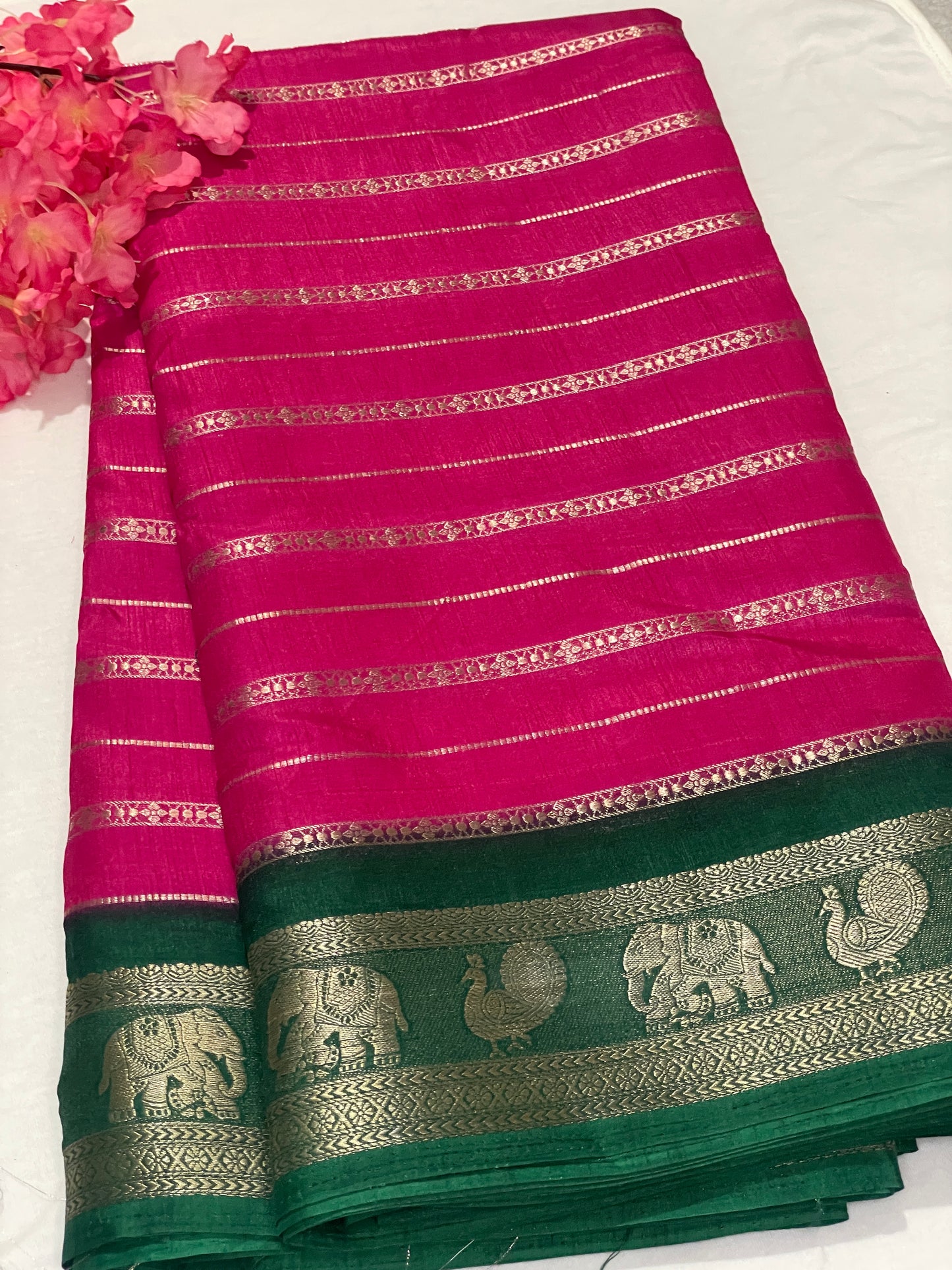 Pink & Green Combination Crape Saree