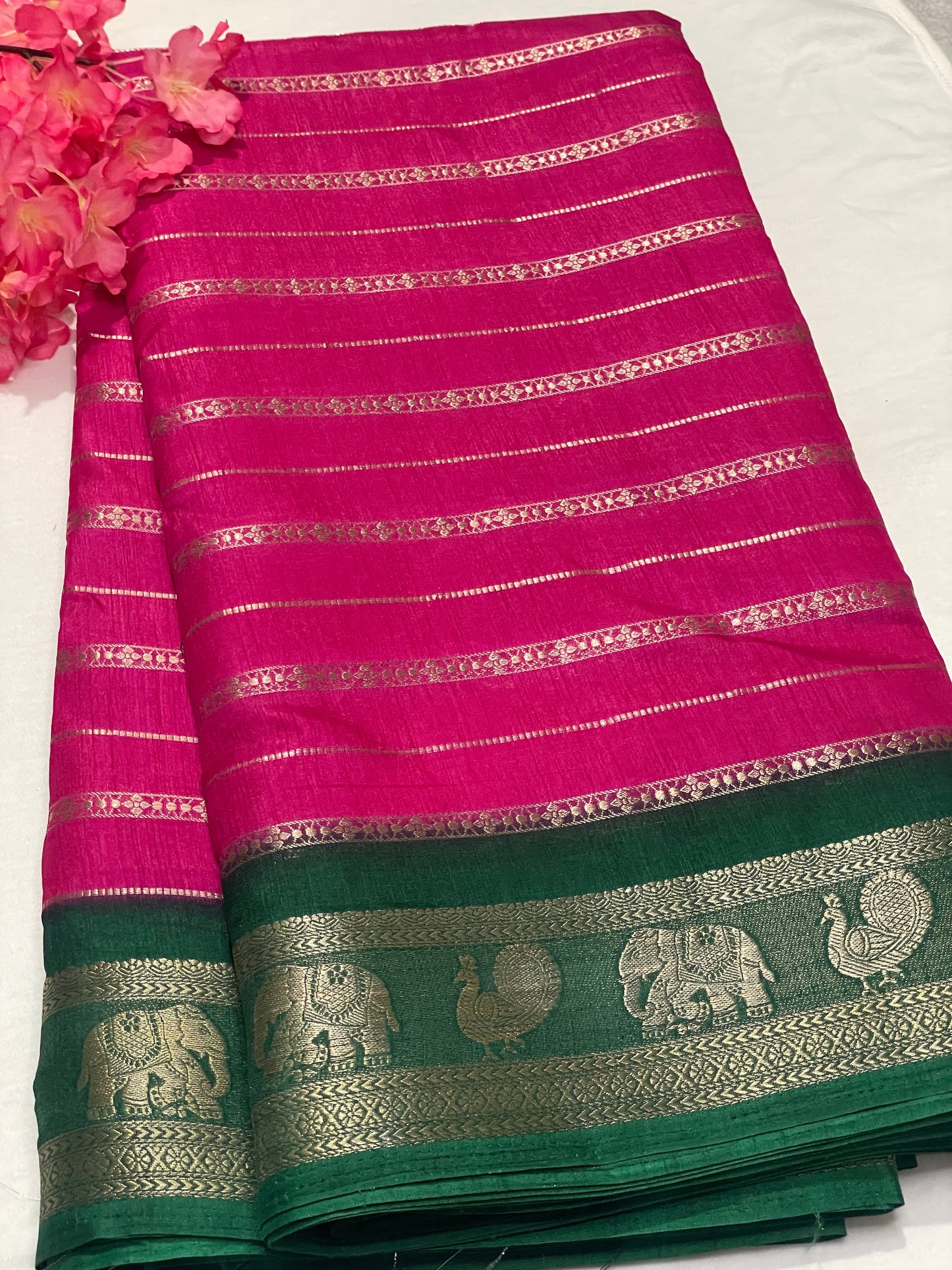 Pink & Green Combination Crape Saree