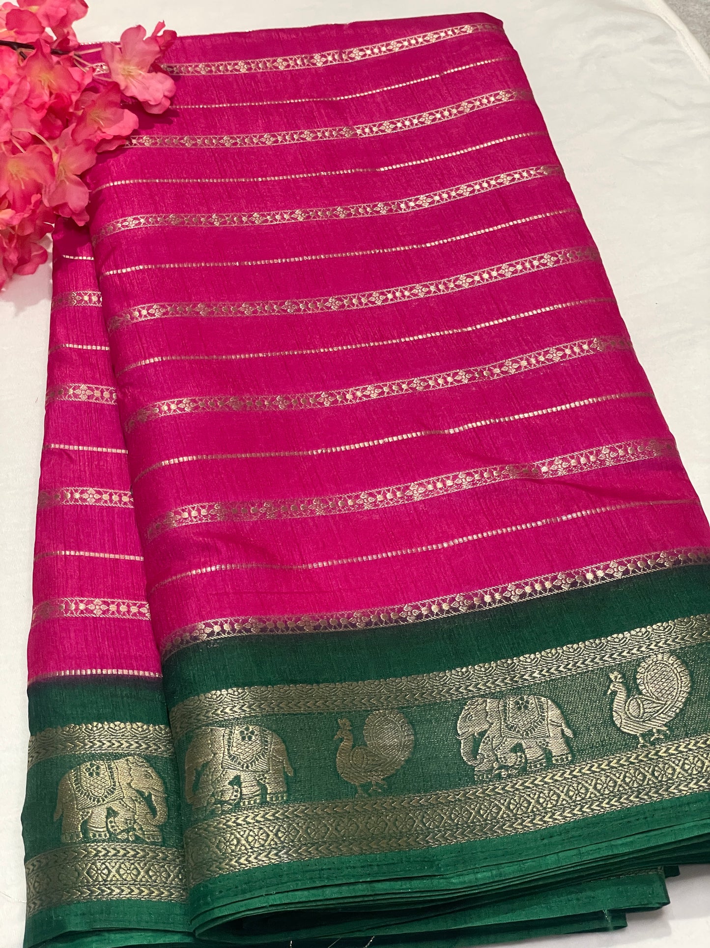 Pink & Green Combination Crape Saree