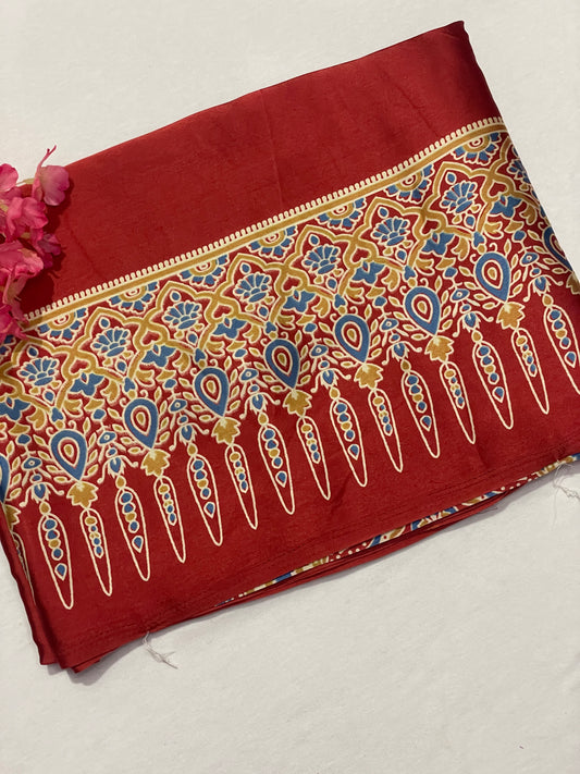 Ajrak Satin Red Modal Saree