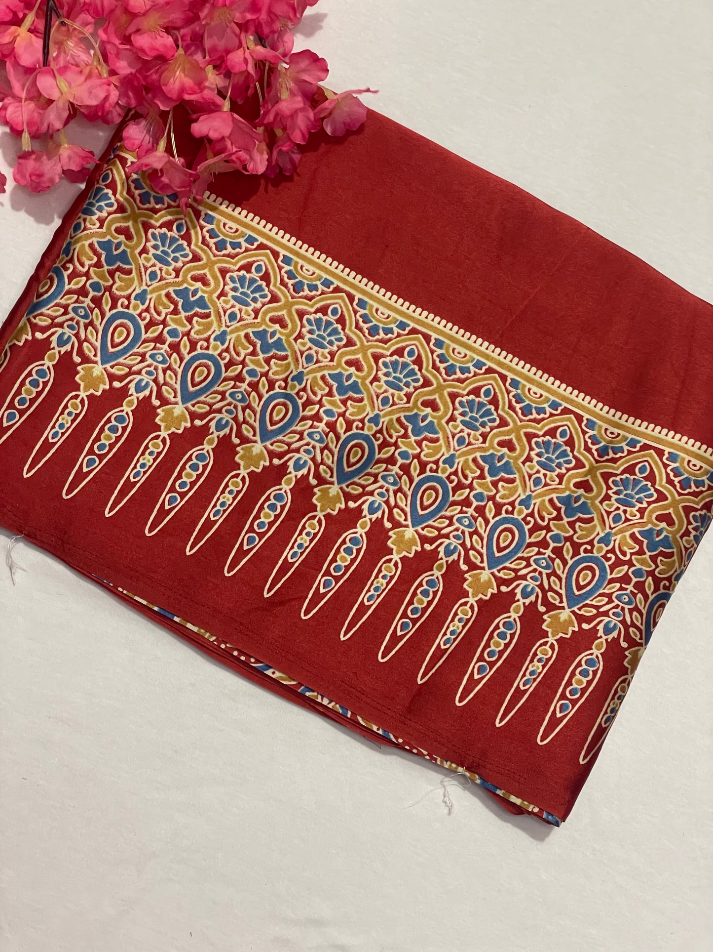 Ajrak Satin Red Modal Saree