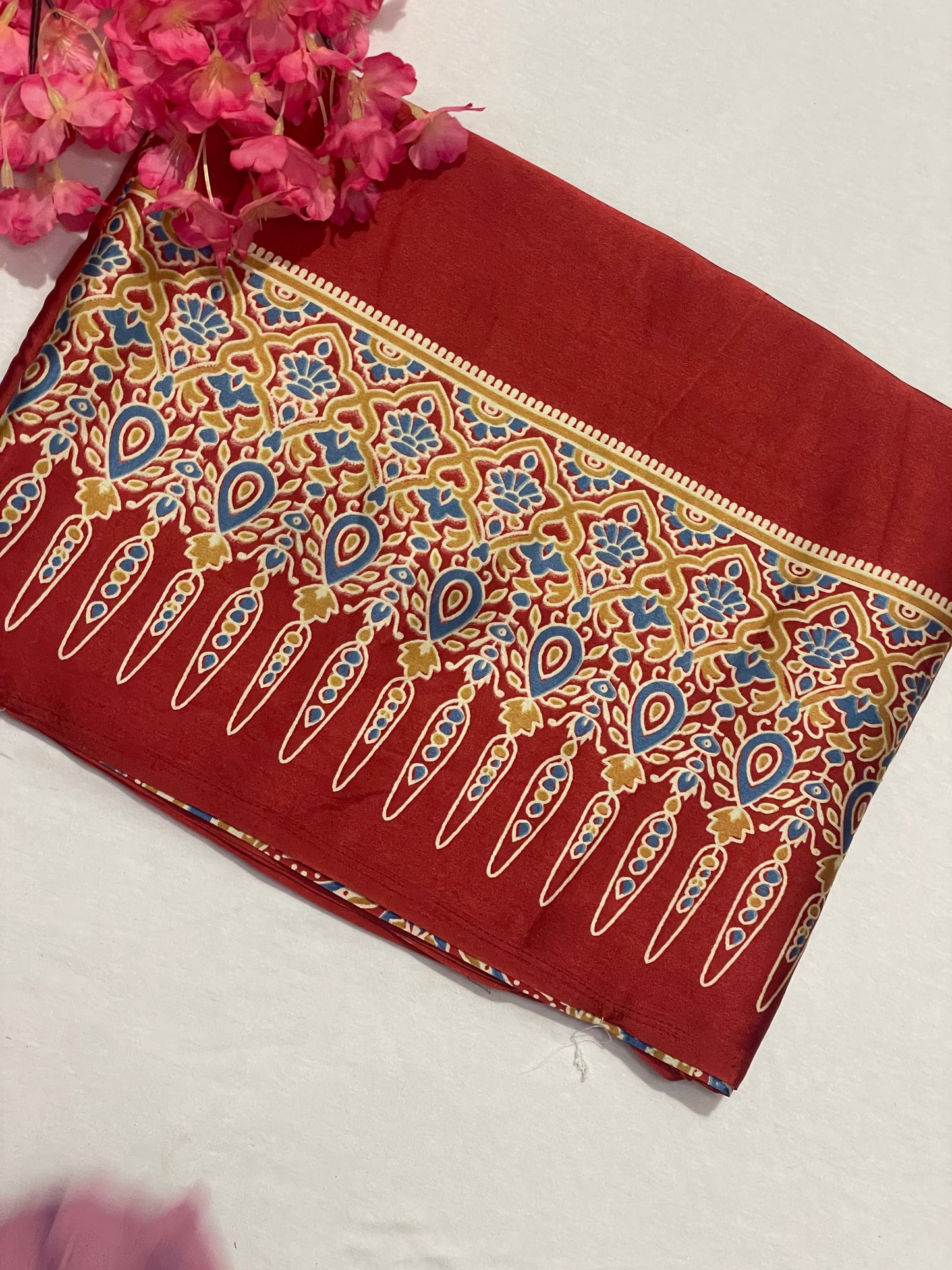 Ajrak Satin Red Modal Saree