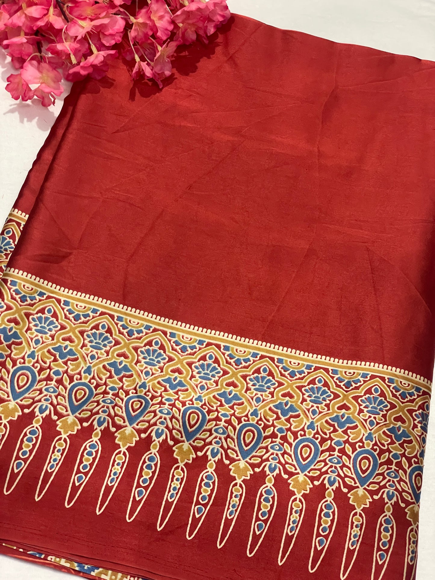 Ajrak Satin Red Modal Saree