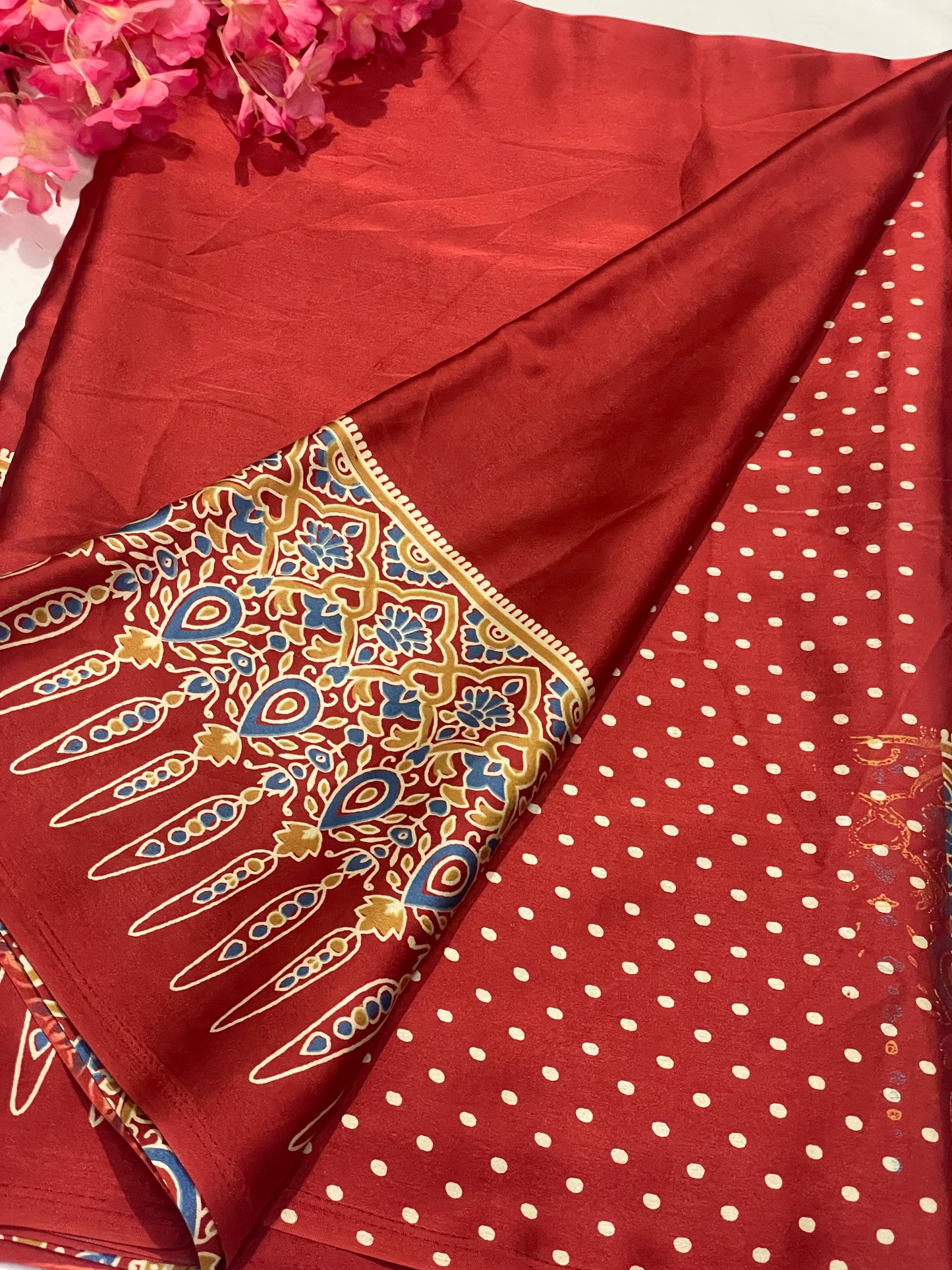 Ajrak Satin Red Modal Saree