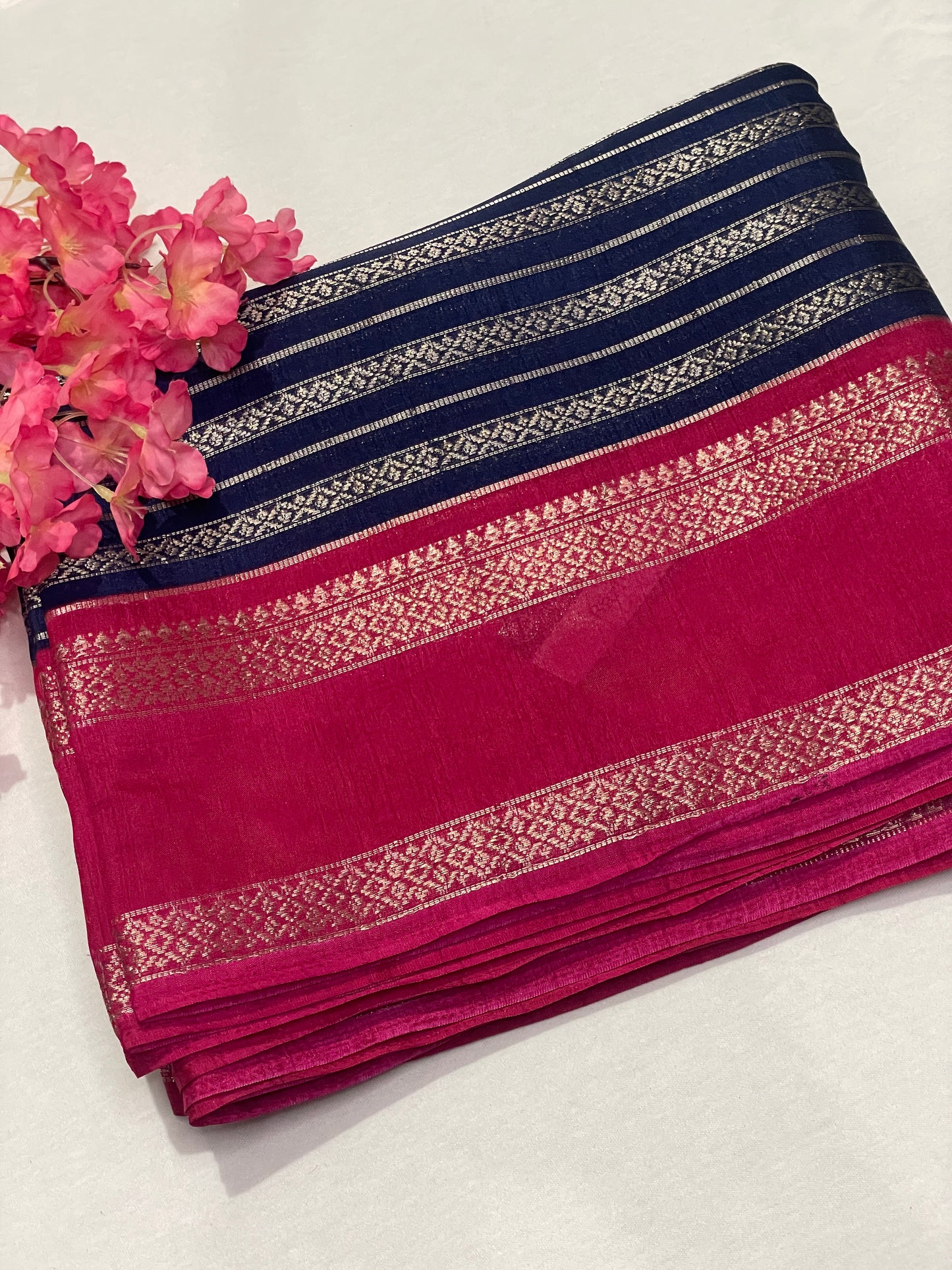 Silver Stripes Blue Semi Crape Saree