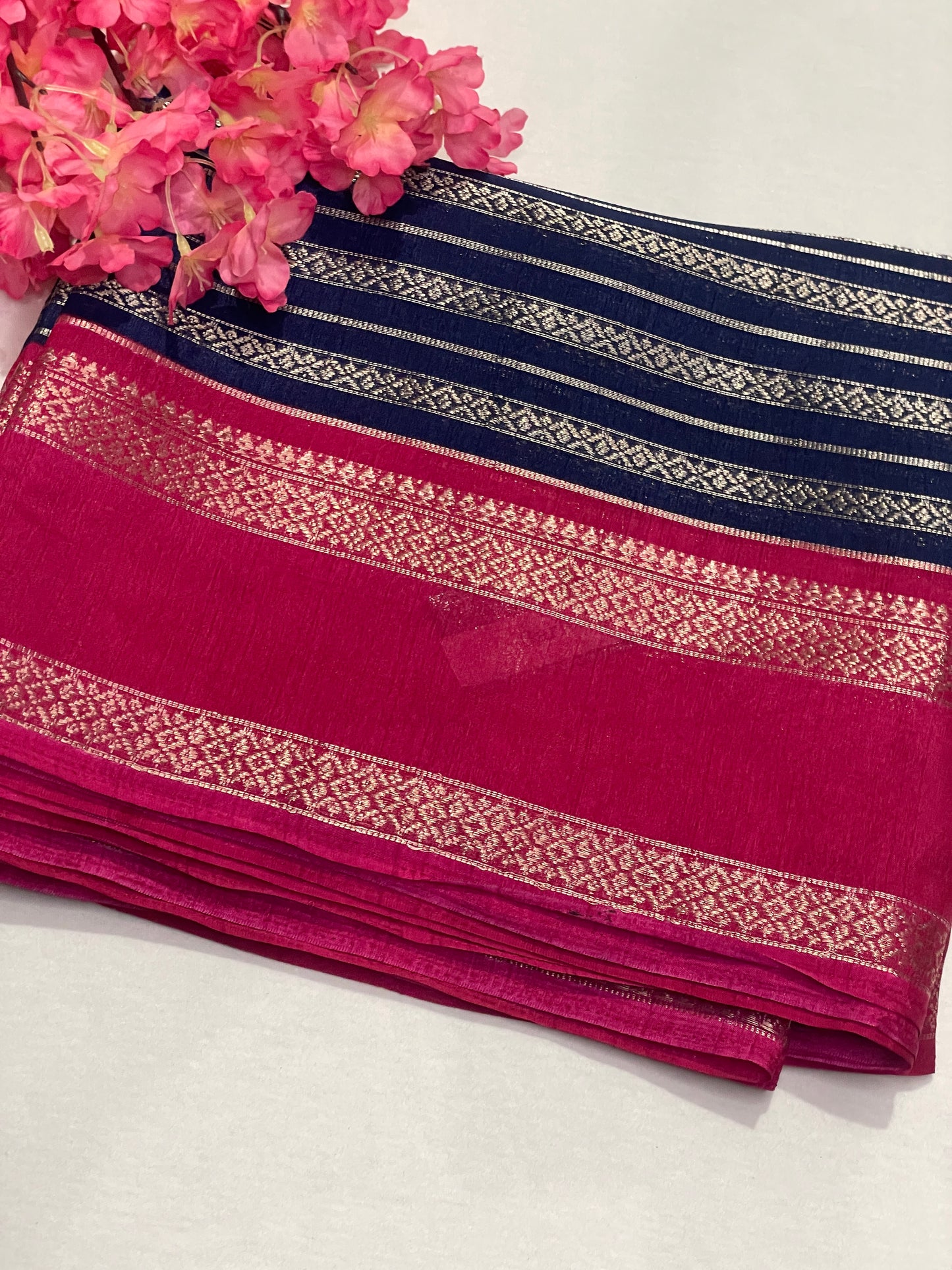 Silver Stripes Blue Semi Crape Saree