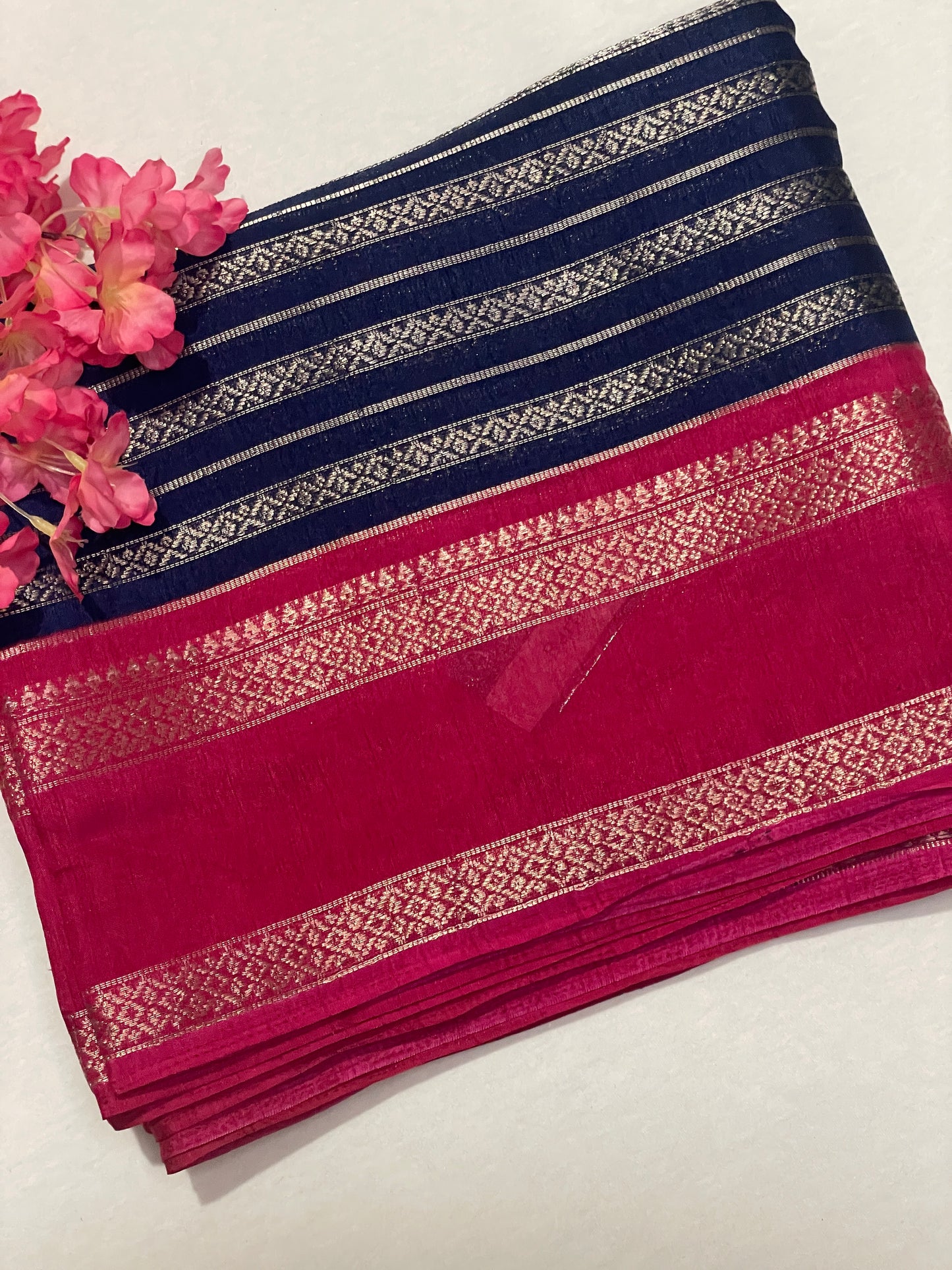 Silver Stripes Blue Semi Crape Saree