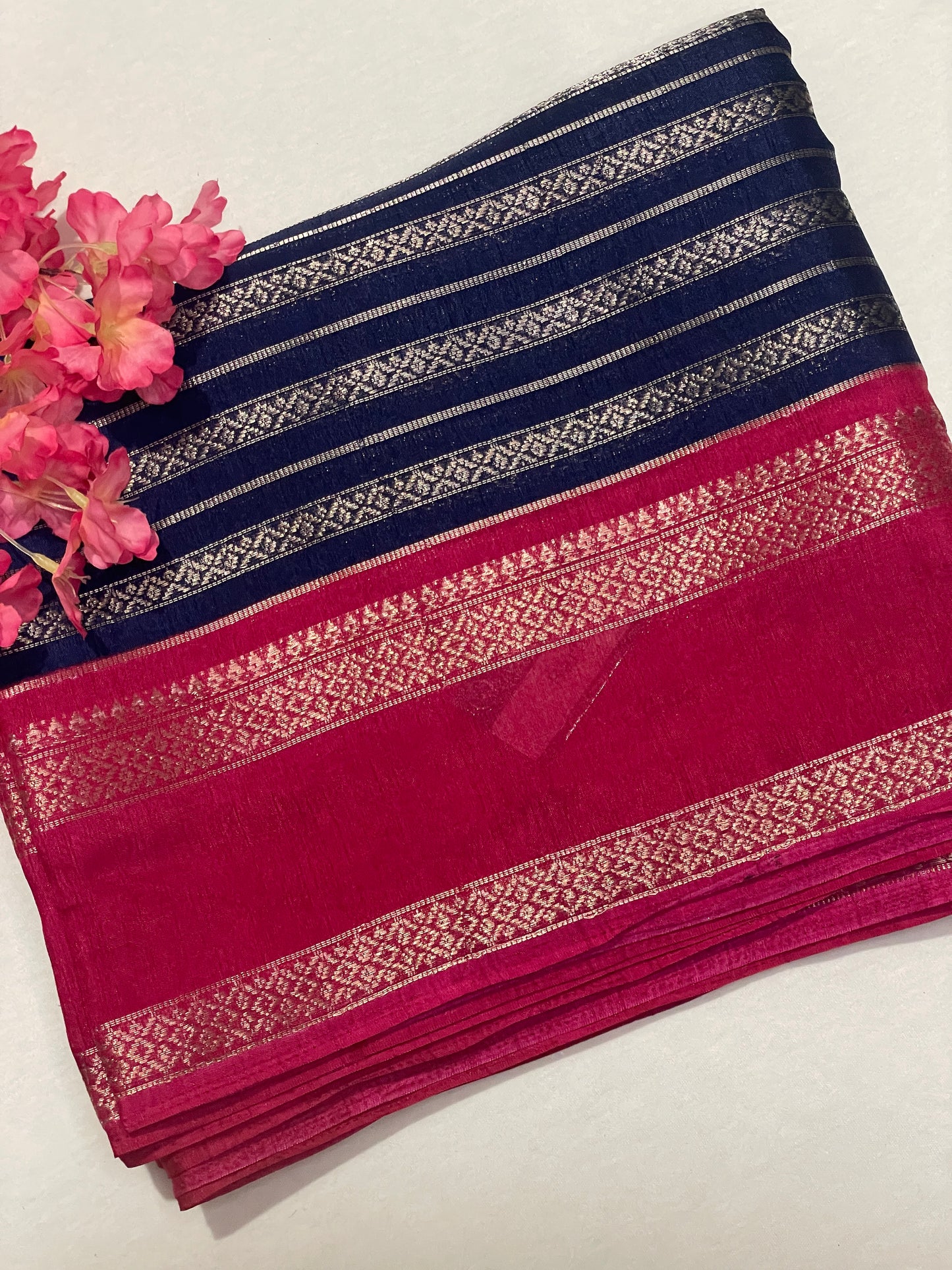 Silver Stripes Blue Semi Crape Saree