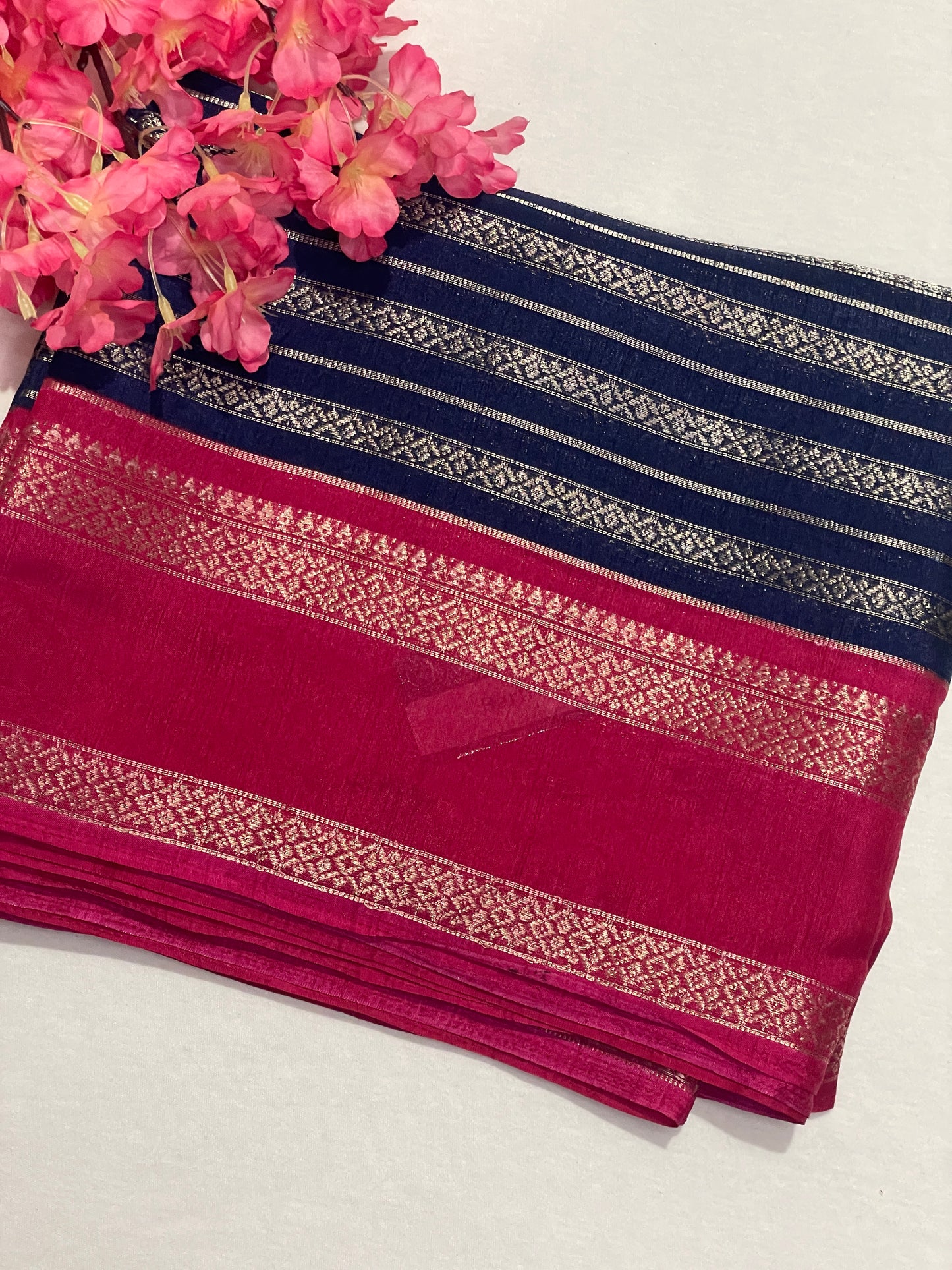 Silver Stripes Blue Semi Crape Saree