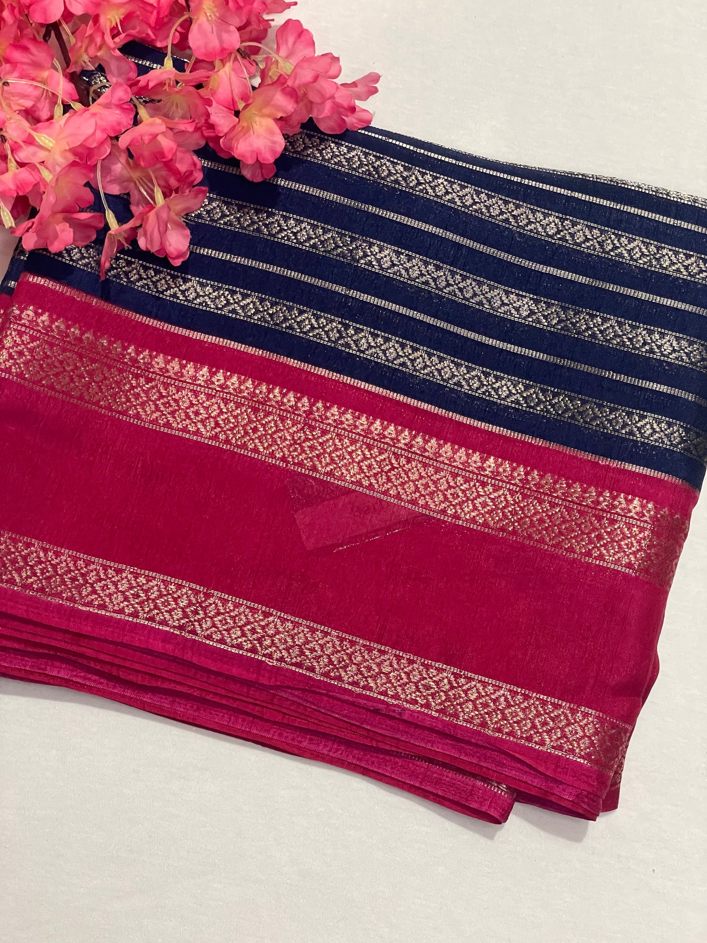 Silver Stripes Blue Semi Crape Saree