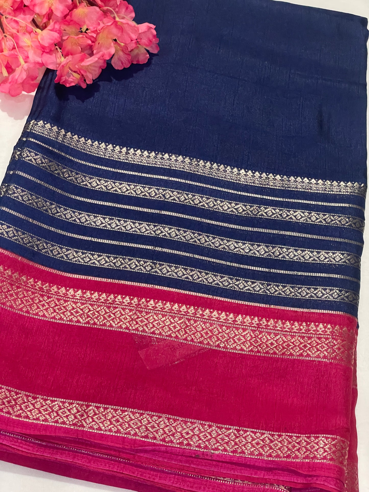 Silver Stripes Blue Semi Crape Saree