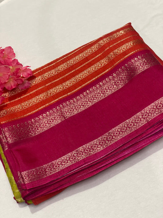 Pink and orange striped Semi Crape Saree