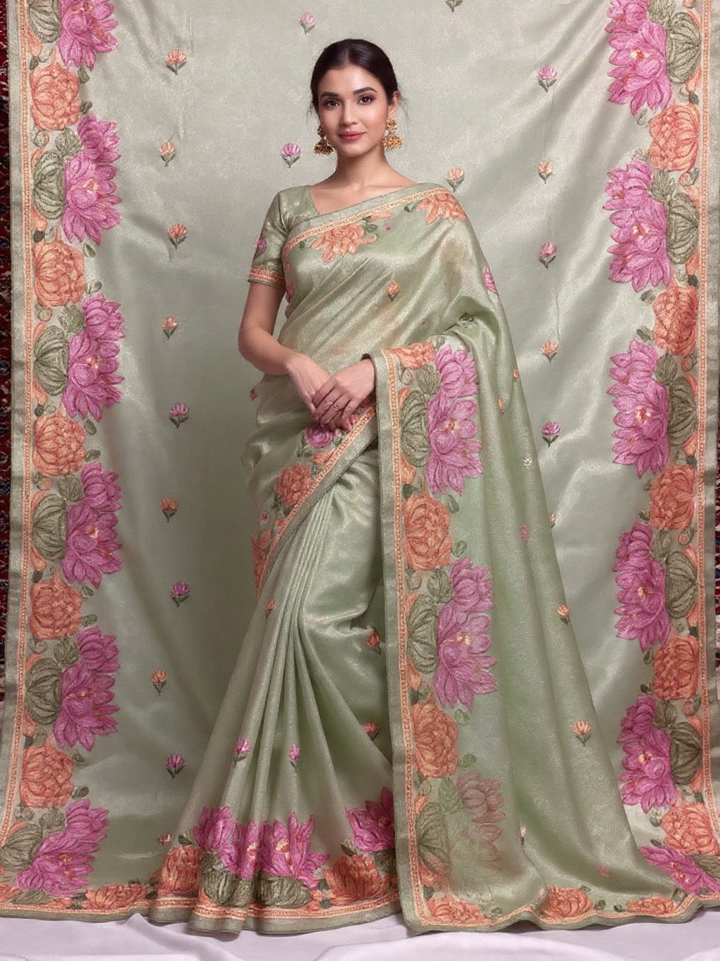 Pure Tissue Silk Lotus Embroidery Saree