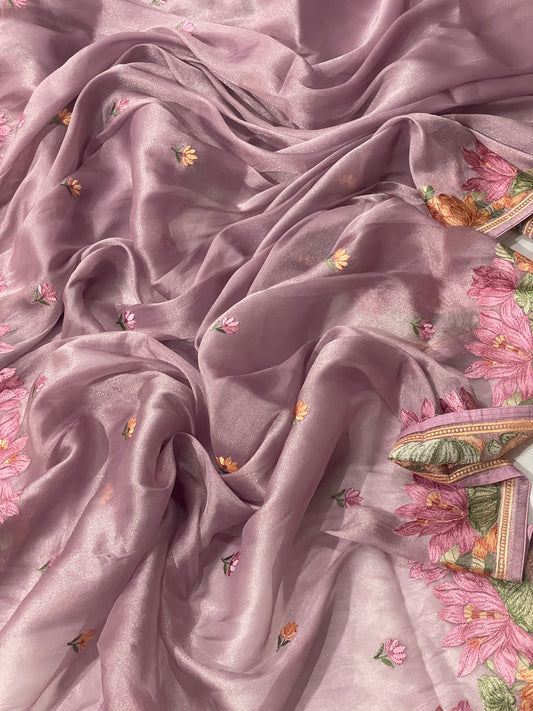 Pure Tissue Silk Lotus Embroidery Saree