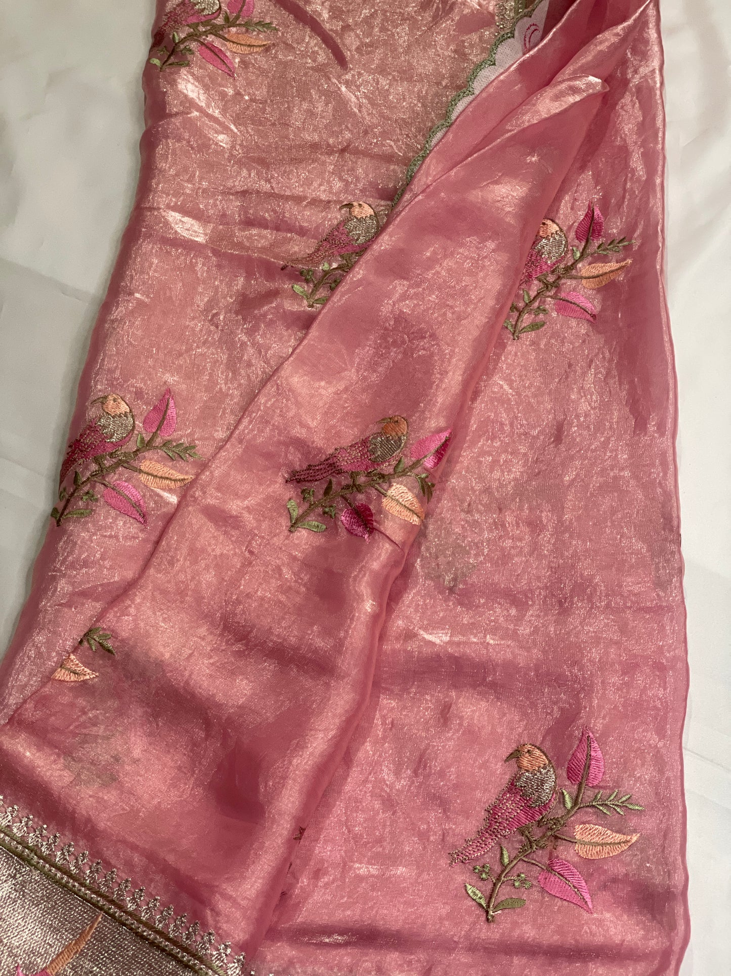 Parrot Embroidery Pure Tissue Silk Saree