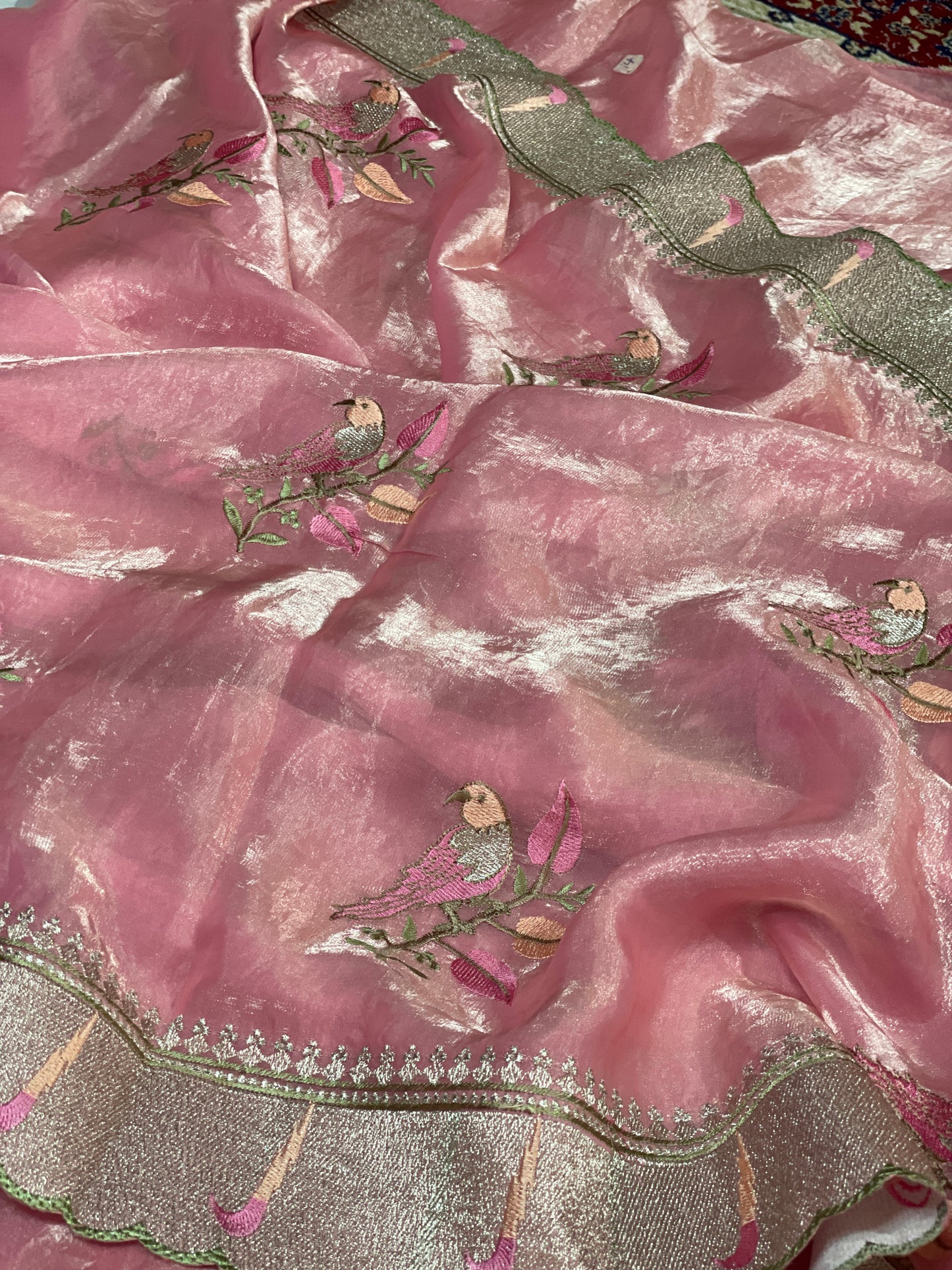 Parrot Embroidery Pure Tissue Silk Saree