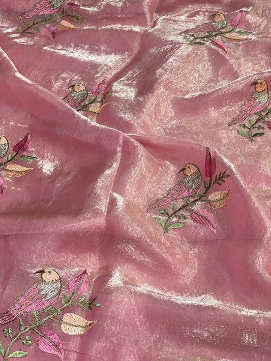 Parrot Embroidery Pure Tissue Silk Saree