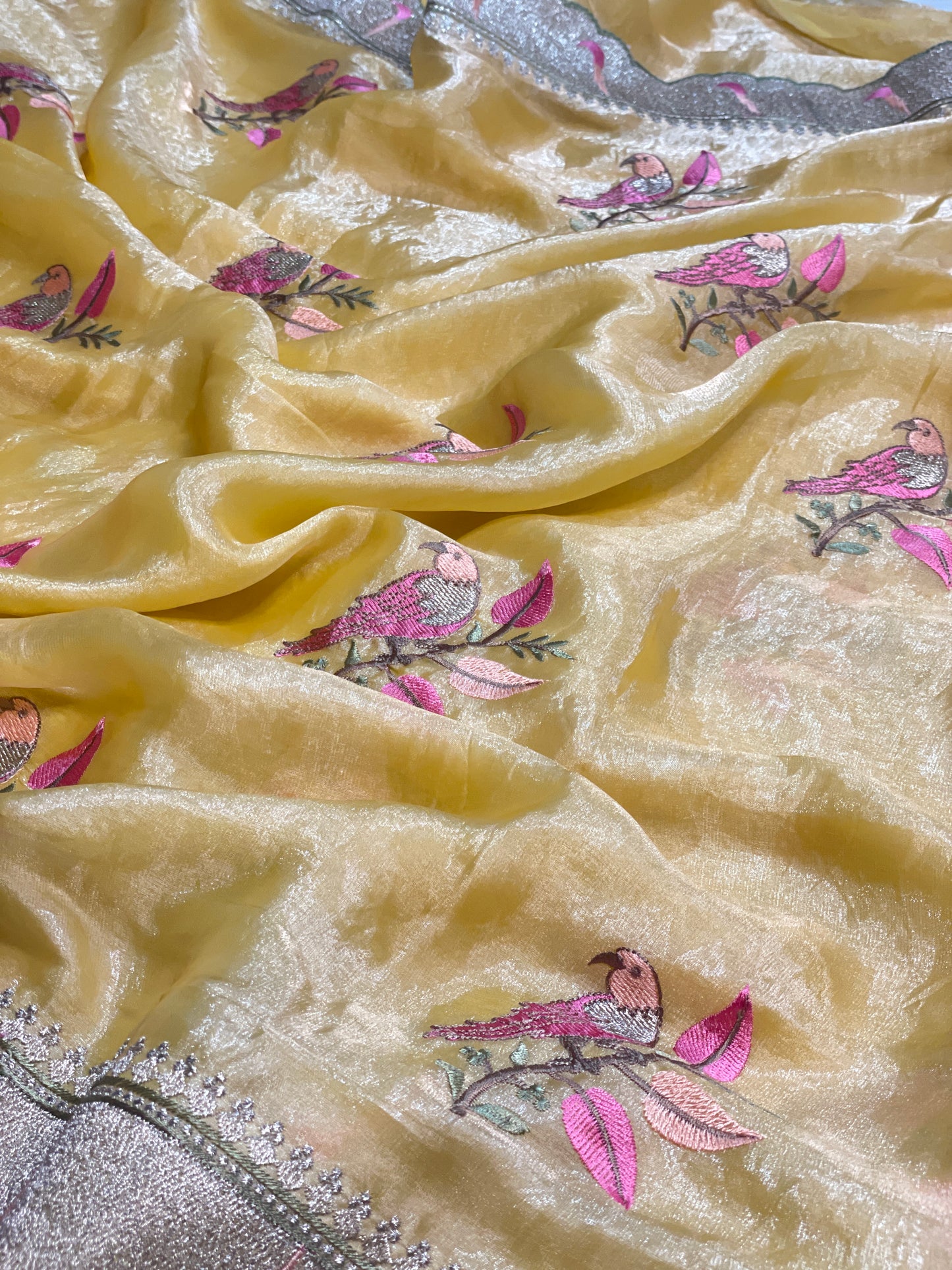 Orange Embroidery Pure Tissue Silk Saree