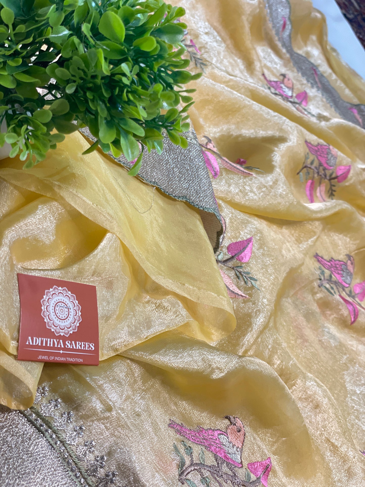 Orange Embroidery Pure Tissue Silk Saree