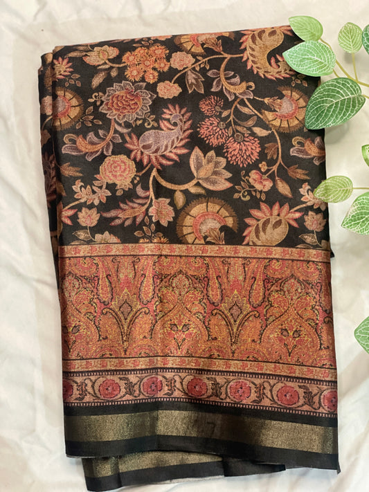 Black Floral Kashmiri Semi Silk Saree