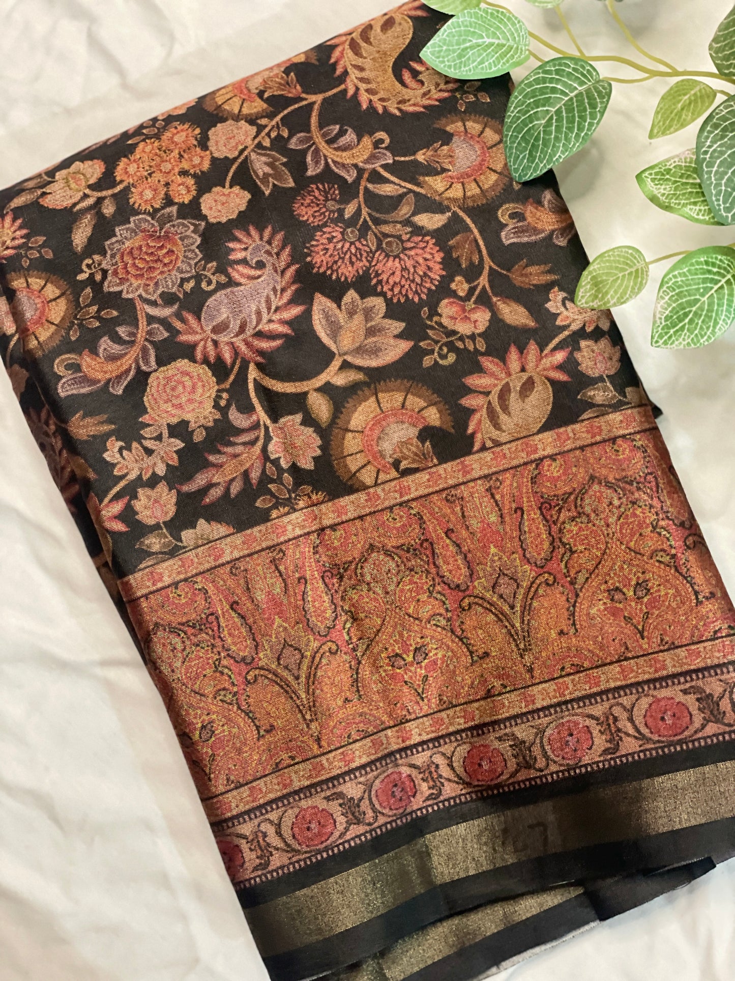 Black Floral Kashmiri Semi Silk Saree