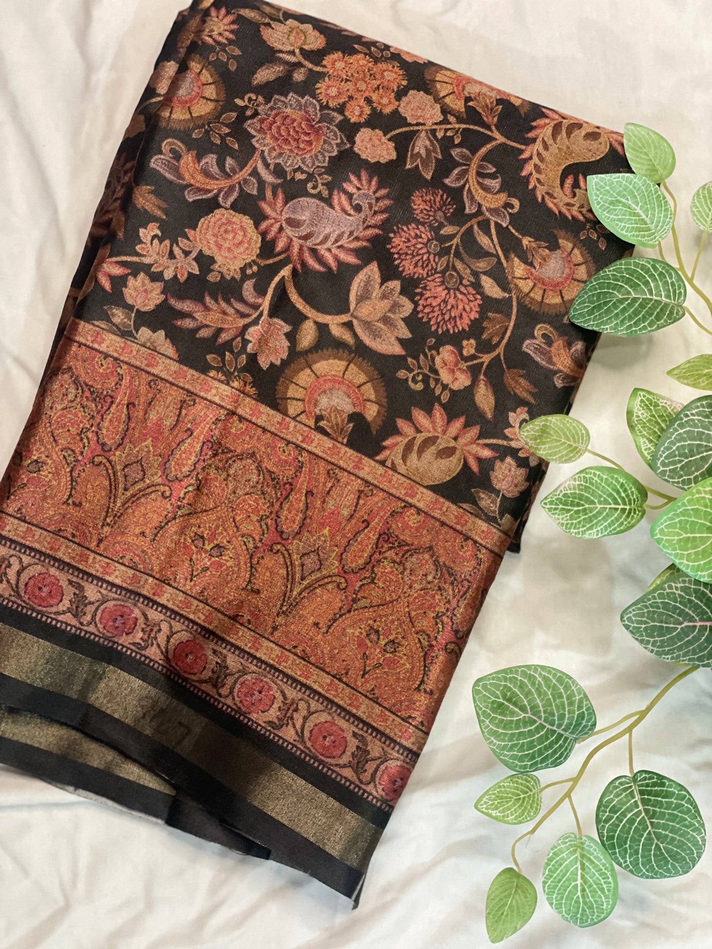 Black Floral Kashmiri Semi Silk Saree